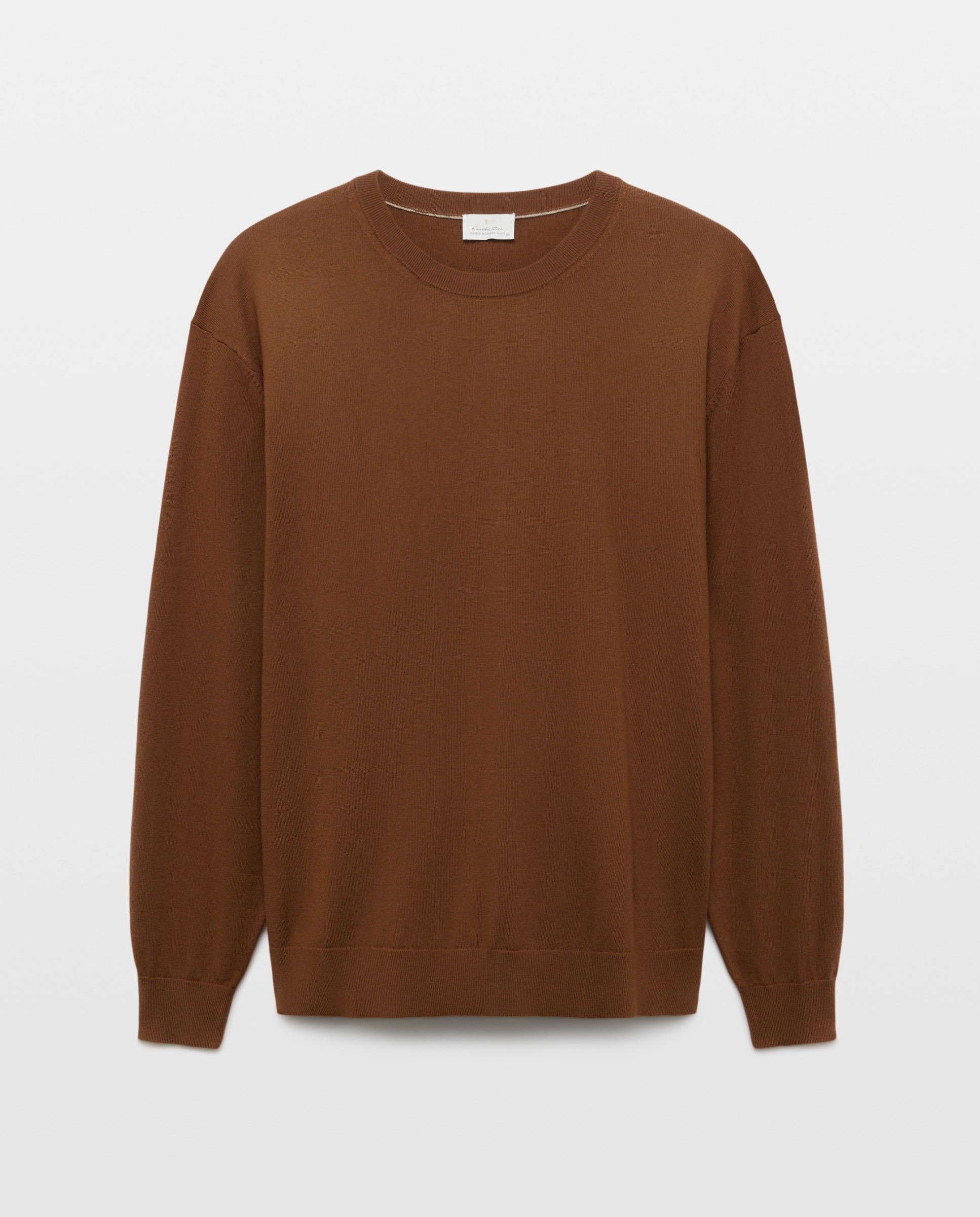 Camisola de Malha Lisa de Algodão Merino com Gola Redonda Tamanhos Grandes Castanho-claro-4