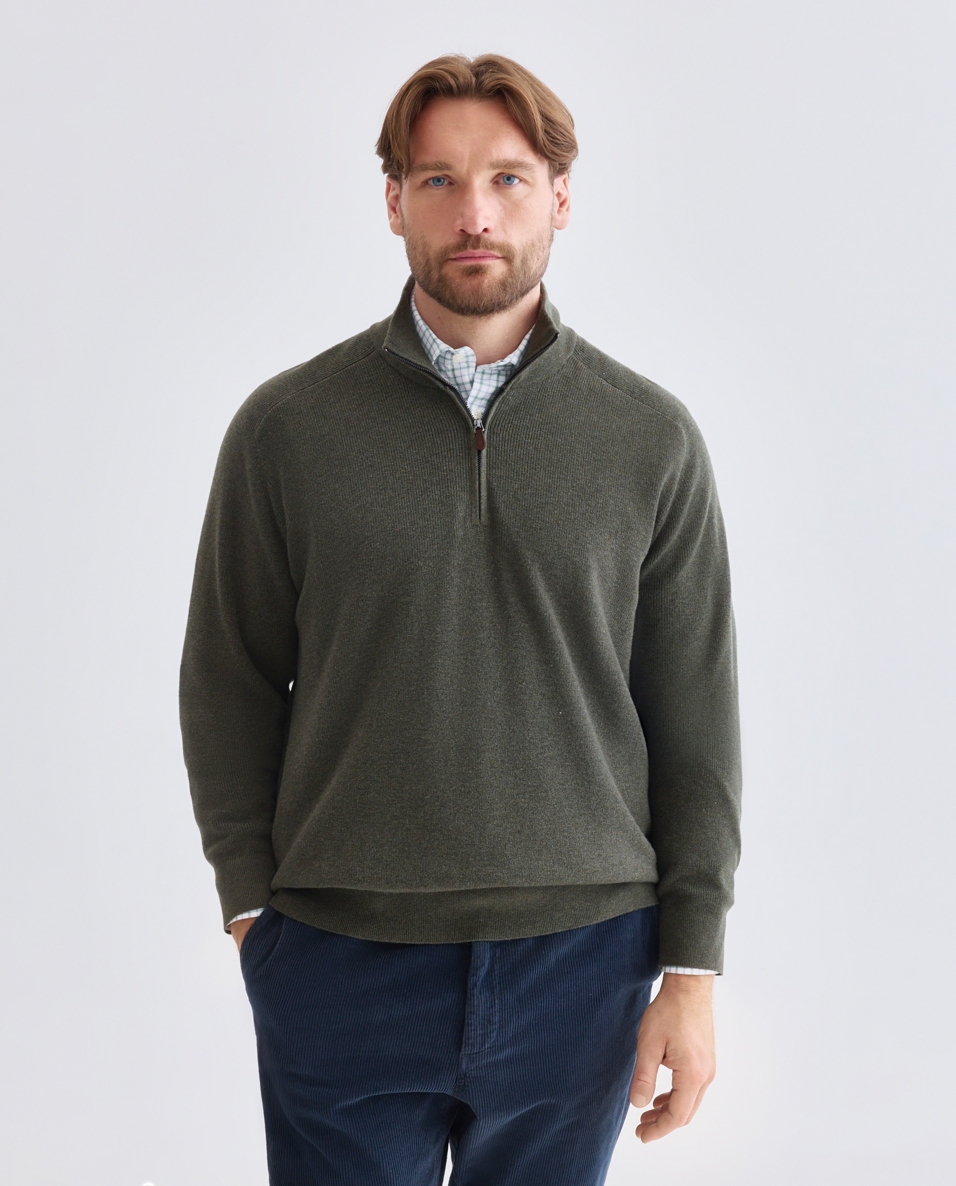 Jersey de hombre de c/semicisne cremallera liso algodón merino tallas grandes - Emidio Tucci - Kaki Kaki-1