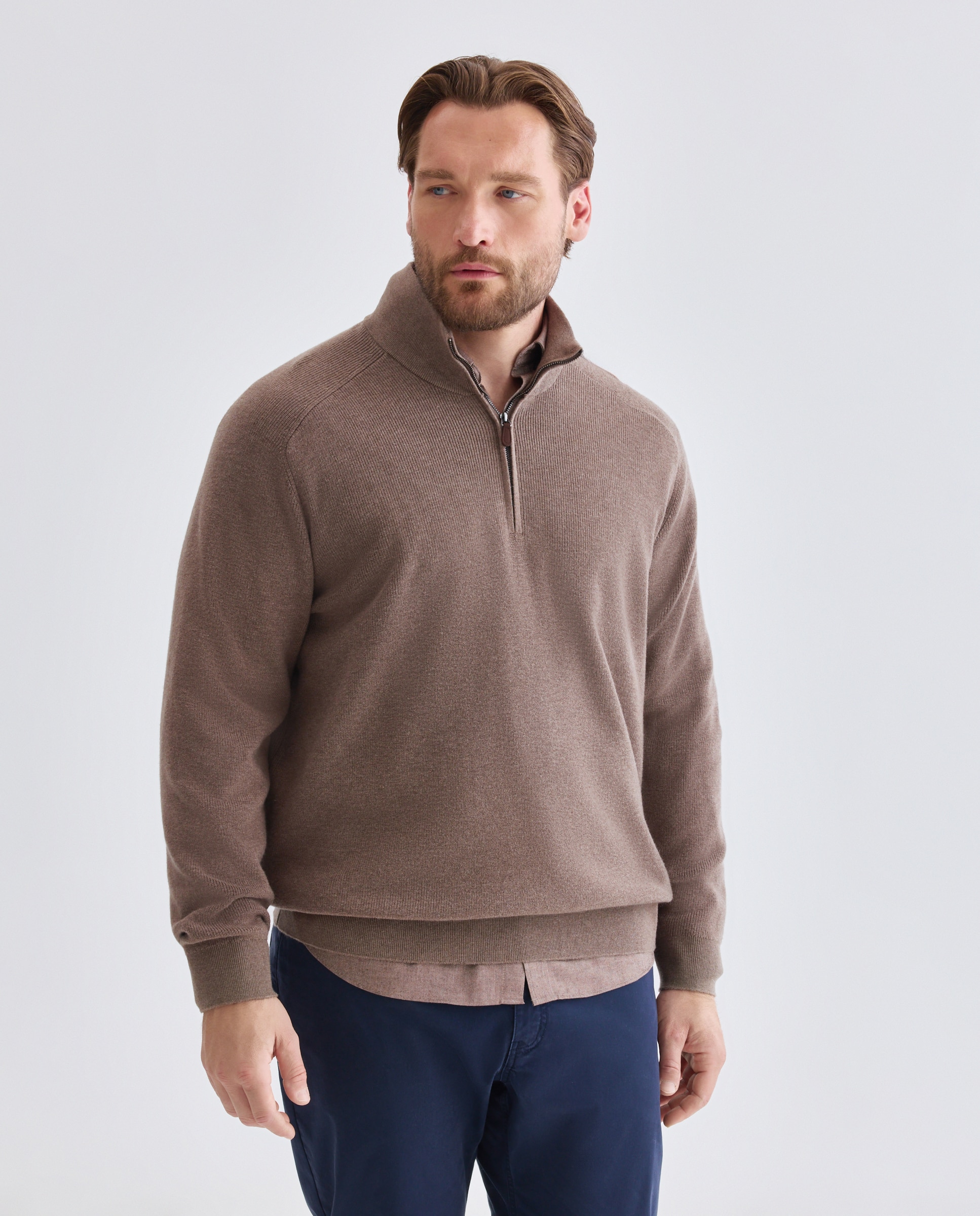 Jersey de hombre de c/semicisne cremallera liso algodón merino tallas grandes - Emidio Tucci - Beige Beige-1