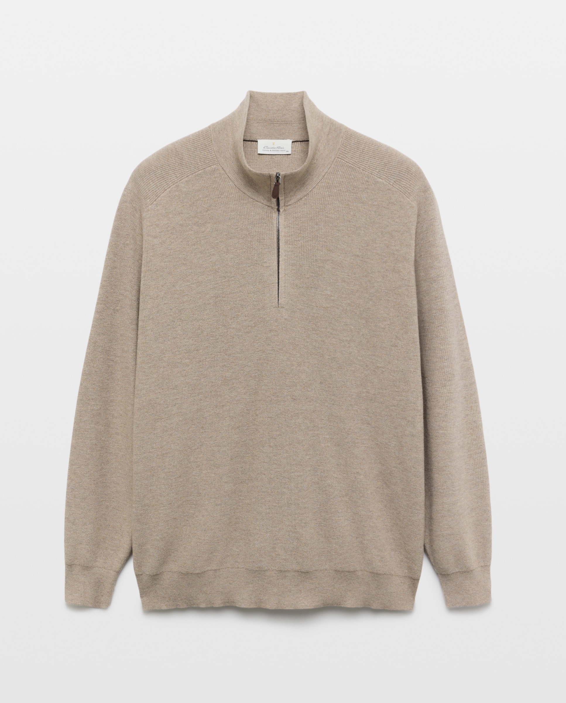 Camisola de Malha Lisa de Algodão Merino com Gola Semi Cisne com Fecho de Correr Tamanhos Grandes Castanho-claro-5