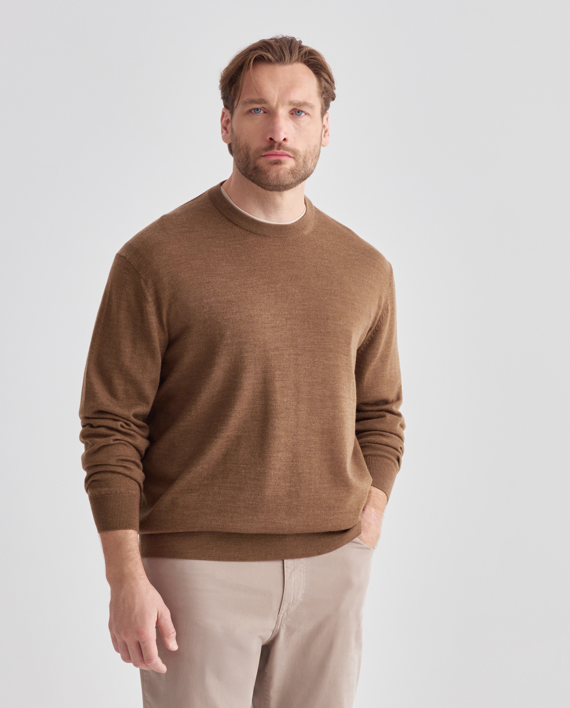 Jersey cuello redondo lavable 100% lana merino hombre - Emidio Tucci - Marrón claro Marrón claro-1