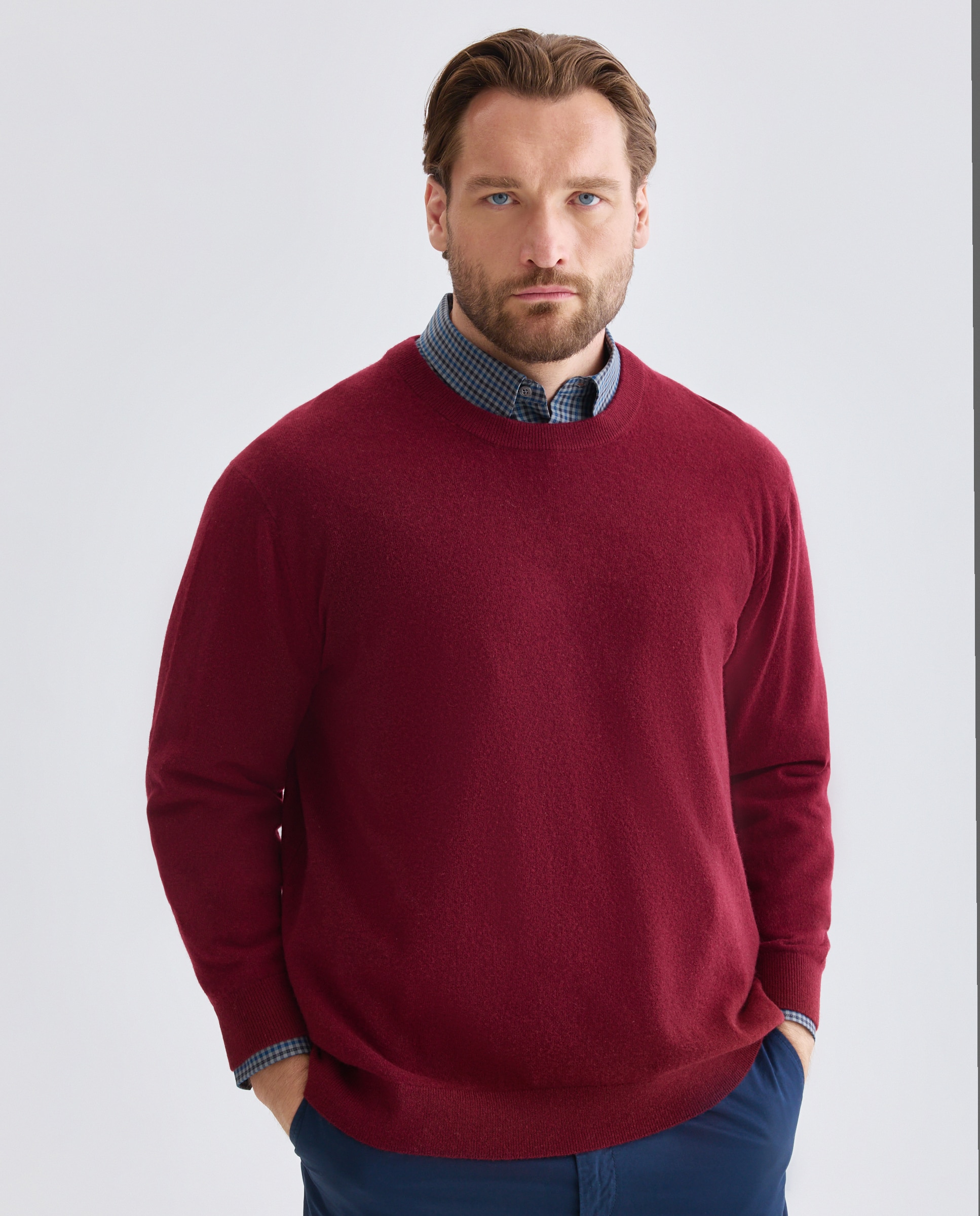 Jersey cuello redondo liso100% lambswool de hombre de tallas grandes - Dustin - Burdeos Burdeos-1