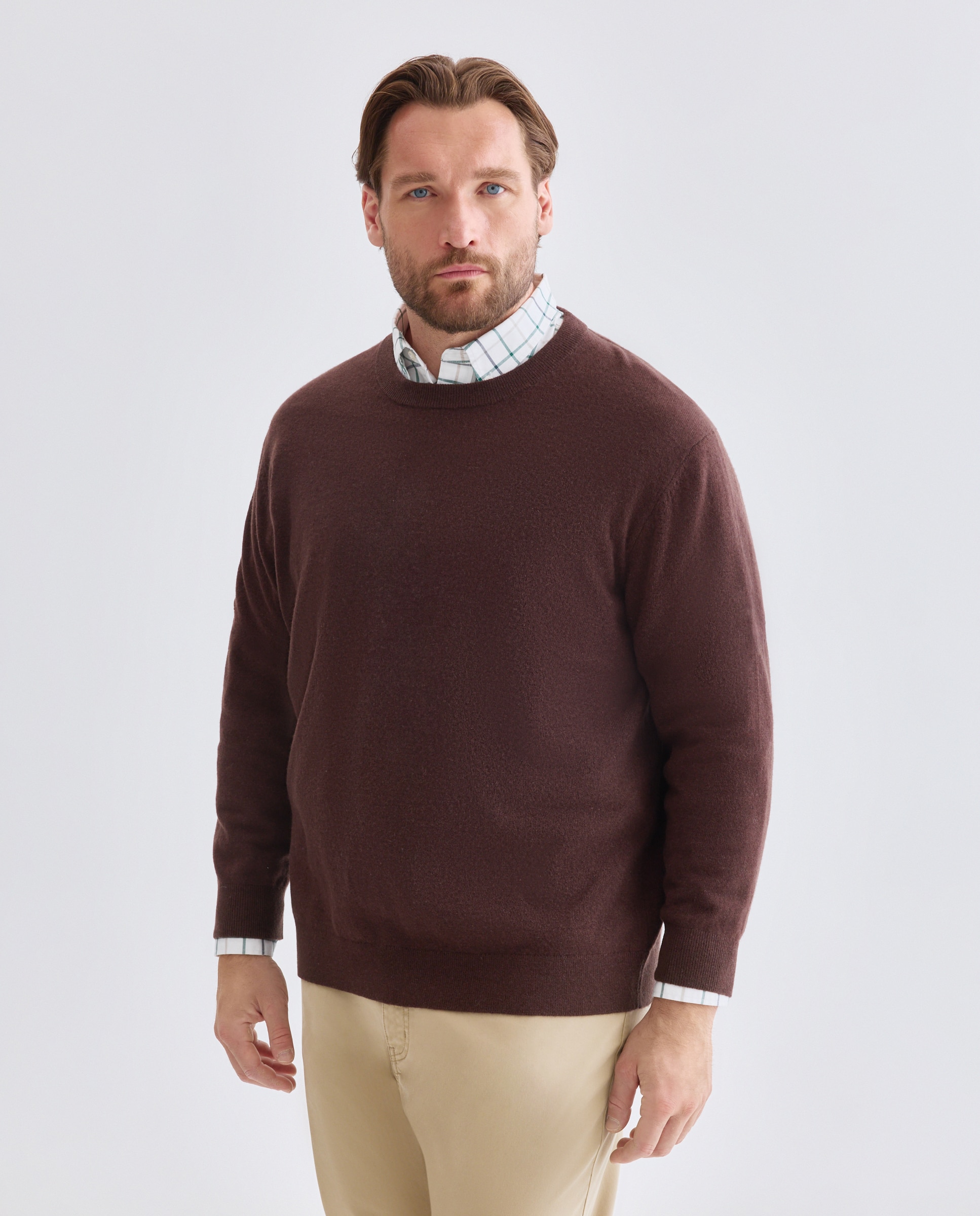 Jersey cuello redondo liso100% lambswool de hombre de tallas grandes - Dustin - Marrón Marrón-1