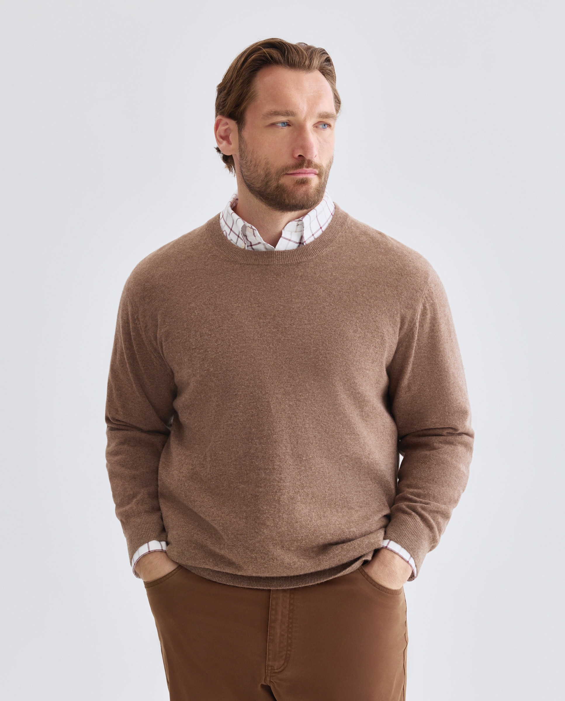Jersey cuello redondo liso100% lambswool de hombre de tallas grandes - Dustin - Marrón claro Marrón claro-1