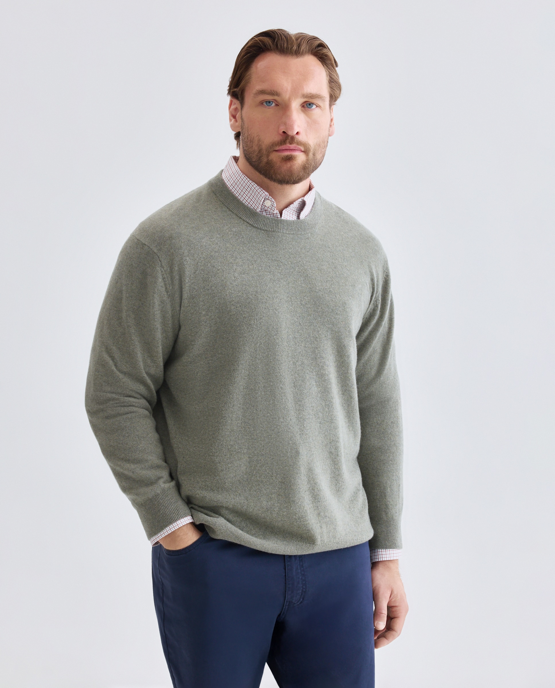 Jersey cuello redondo liso100% lambswool de hombre de tallas grandes - Dustin - Verde claro Verde claro-1