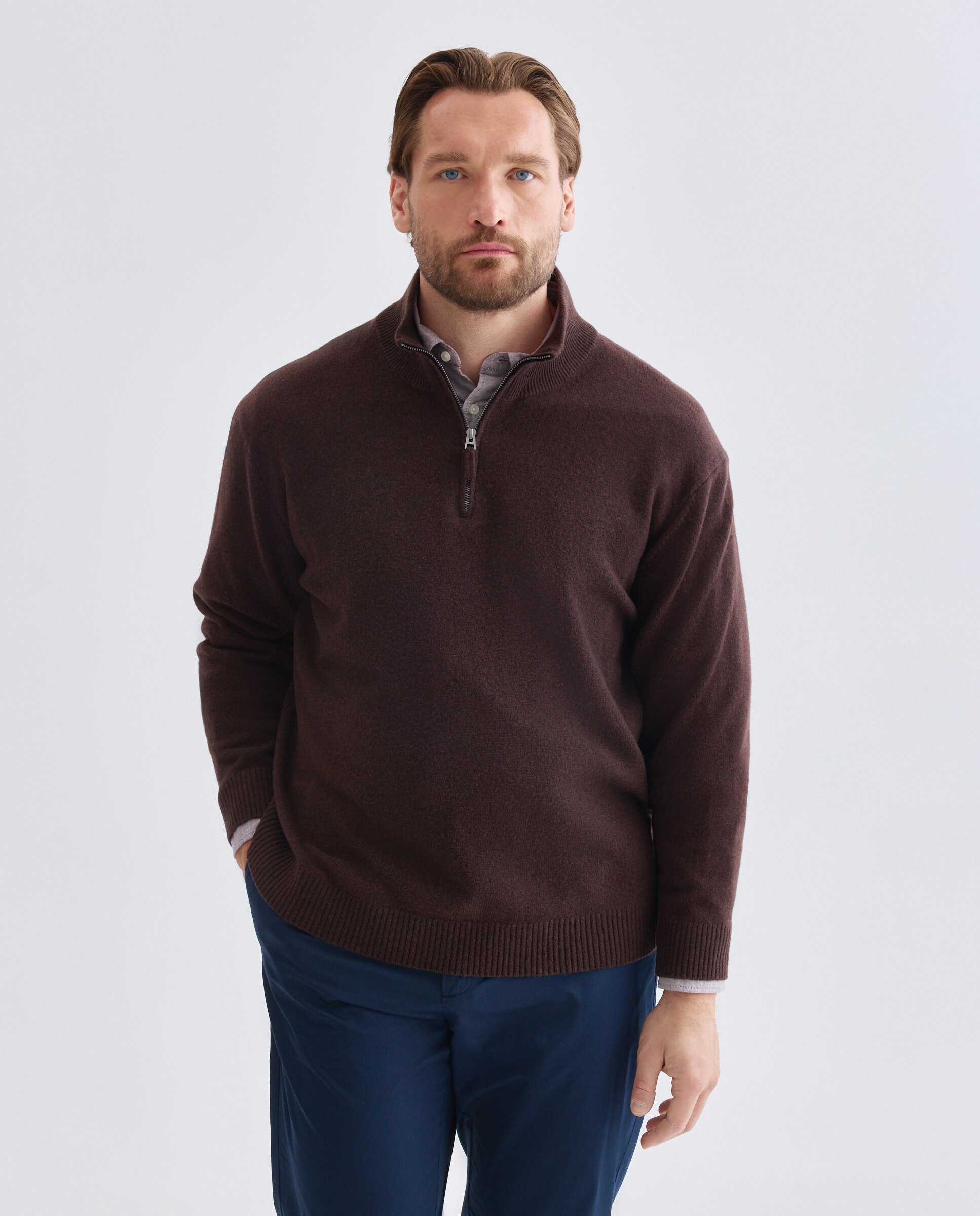 Jersey media cremallera liso100% lambswool de hombre de tallas grandes - Dustin - Marrón Marrón-1