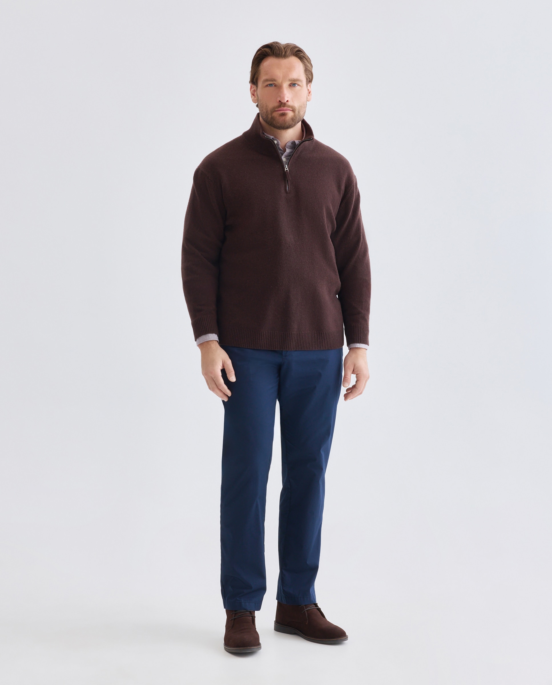 Jersey media cremallera liso100% lambswool de hombre de tallas grandes - Dustin - Marrón Marrón-2