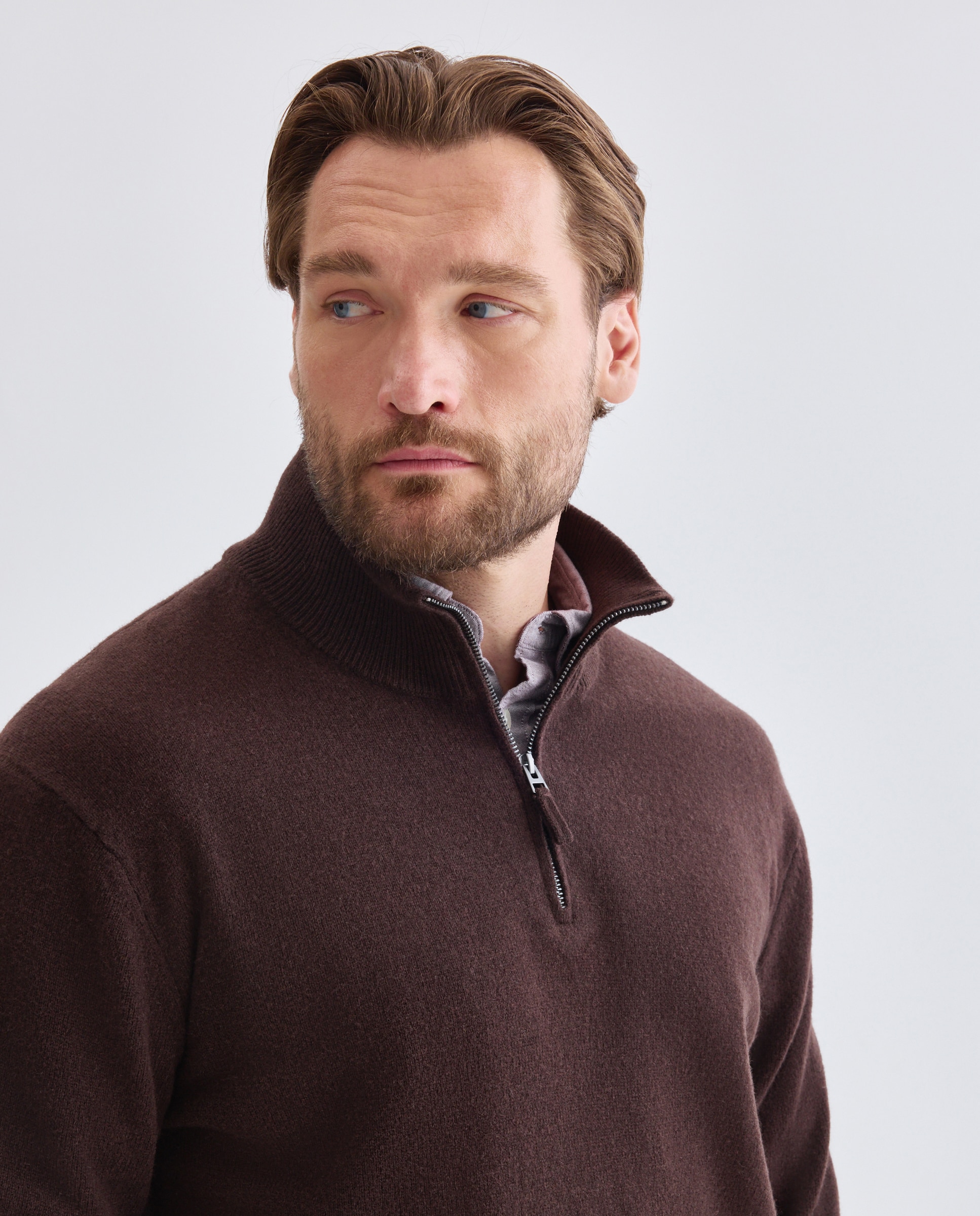 Jersey media cremallera liso100% lambswool de hombre de tallas grandes - Dustin - Marrón Marrón-4