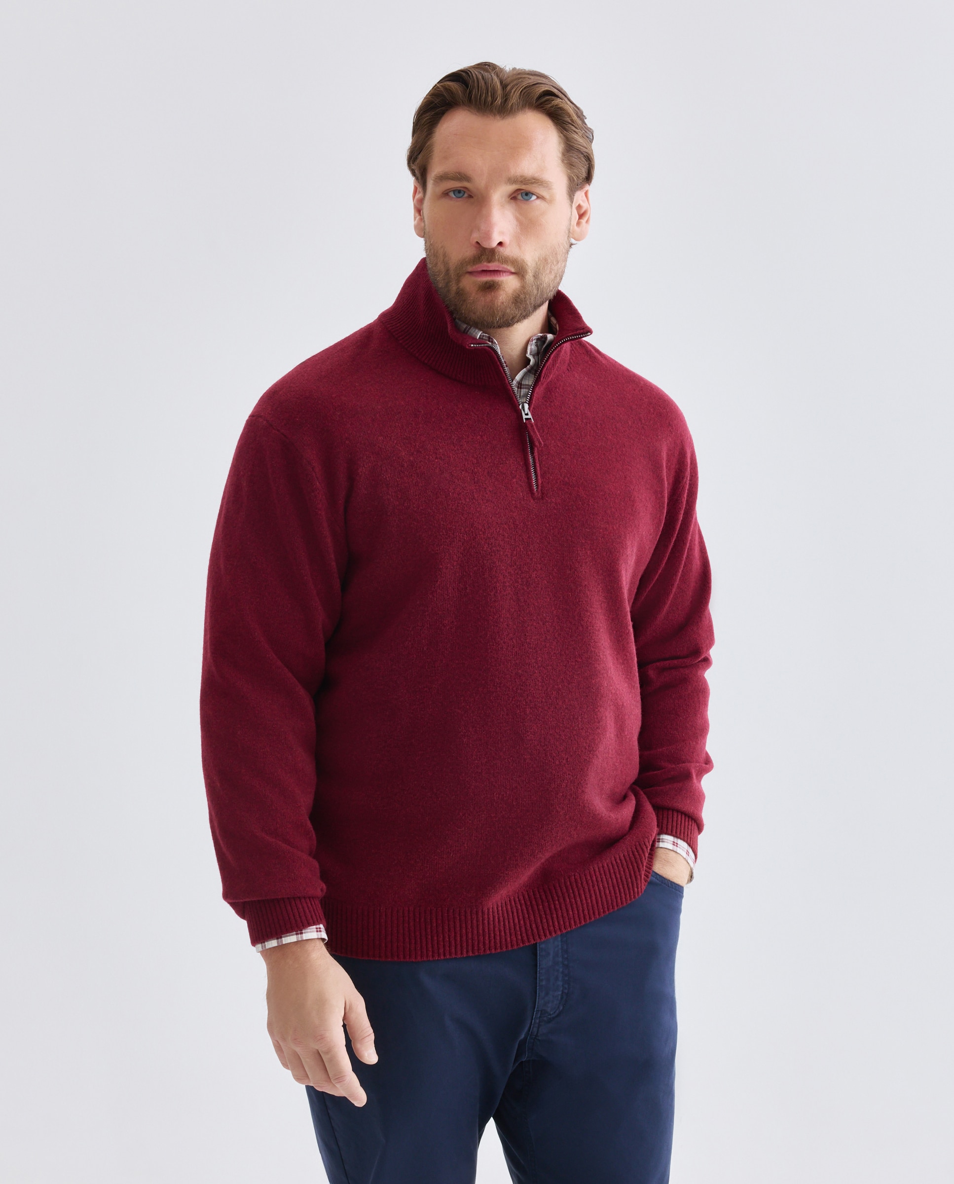 Jersey media cremallera liso100% lambswool de hombre de tallas grandes - Dustin - Burdeos Burdeos-1