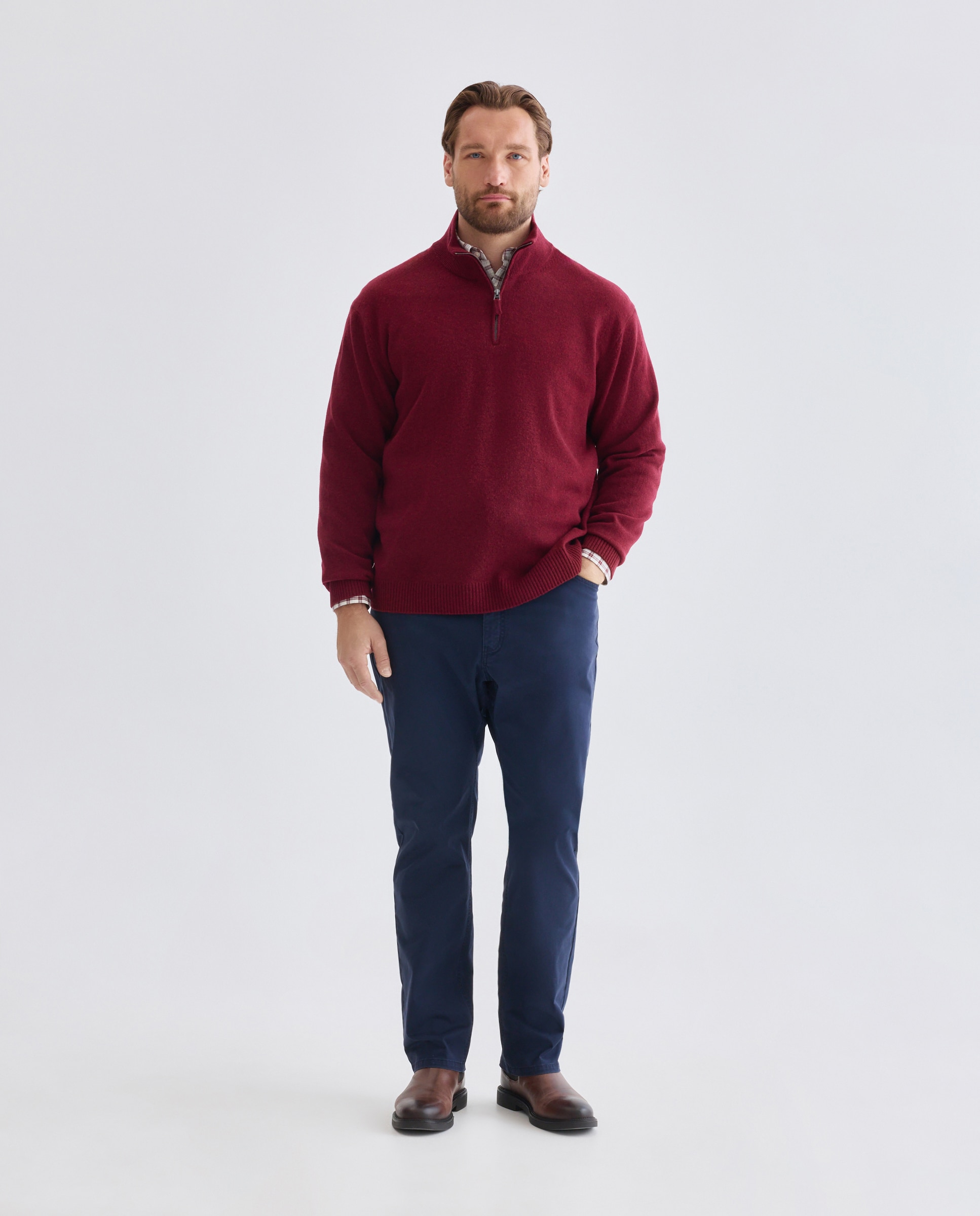 Jersey media cremallera liso100% lambswool de hombre de tallas grandes - Dustin - Burdeos Burdeos-2