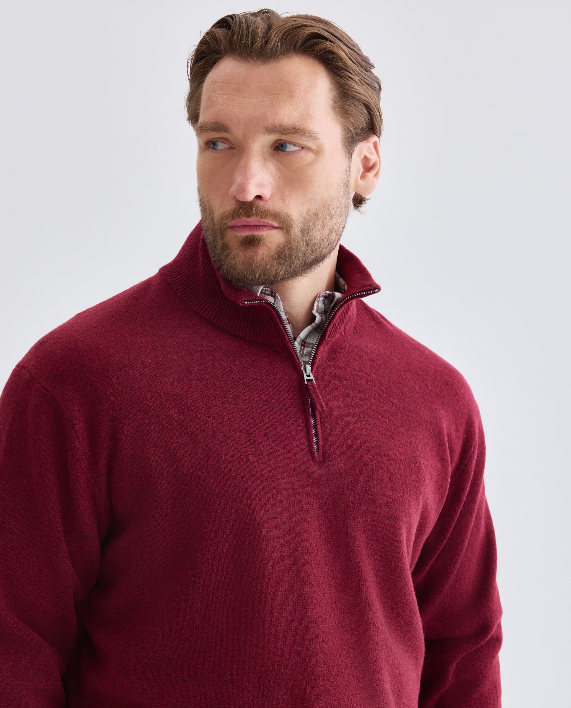 Jersey media cremallera liso100% lambswool de hombre de tallas grandes - Dustin - Burdeos Burdeos-4