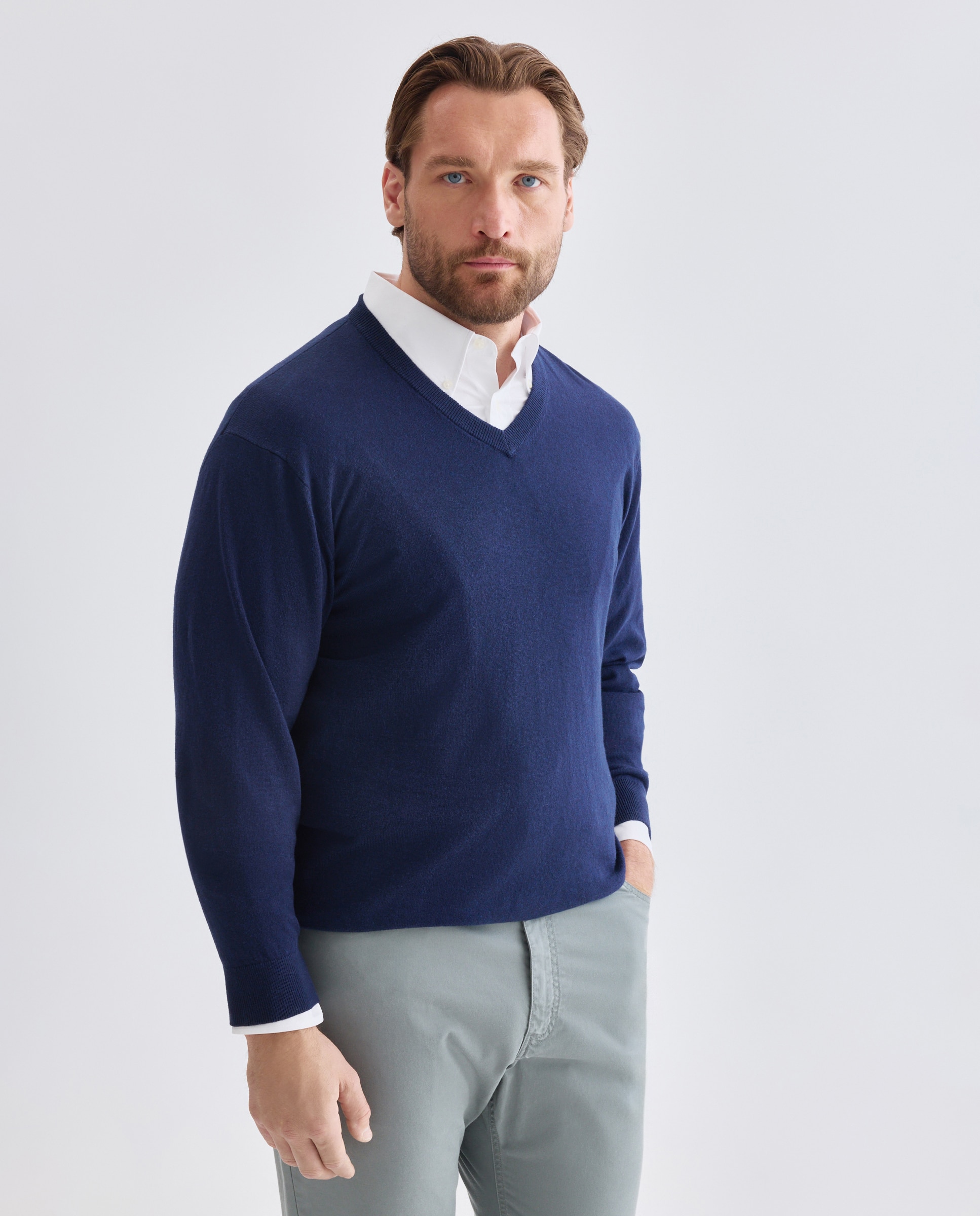 Jersey cuello pico liso algodón - Dustin - cashmere de hombre de tallas grandes - Azul marino Azul marino-1