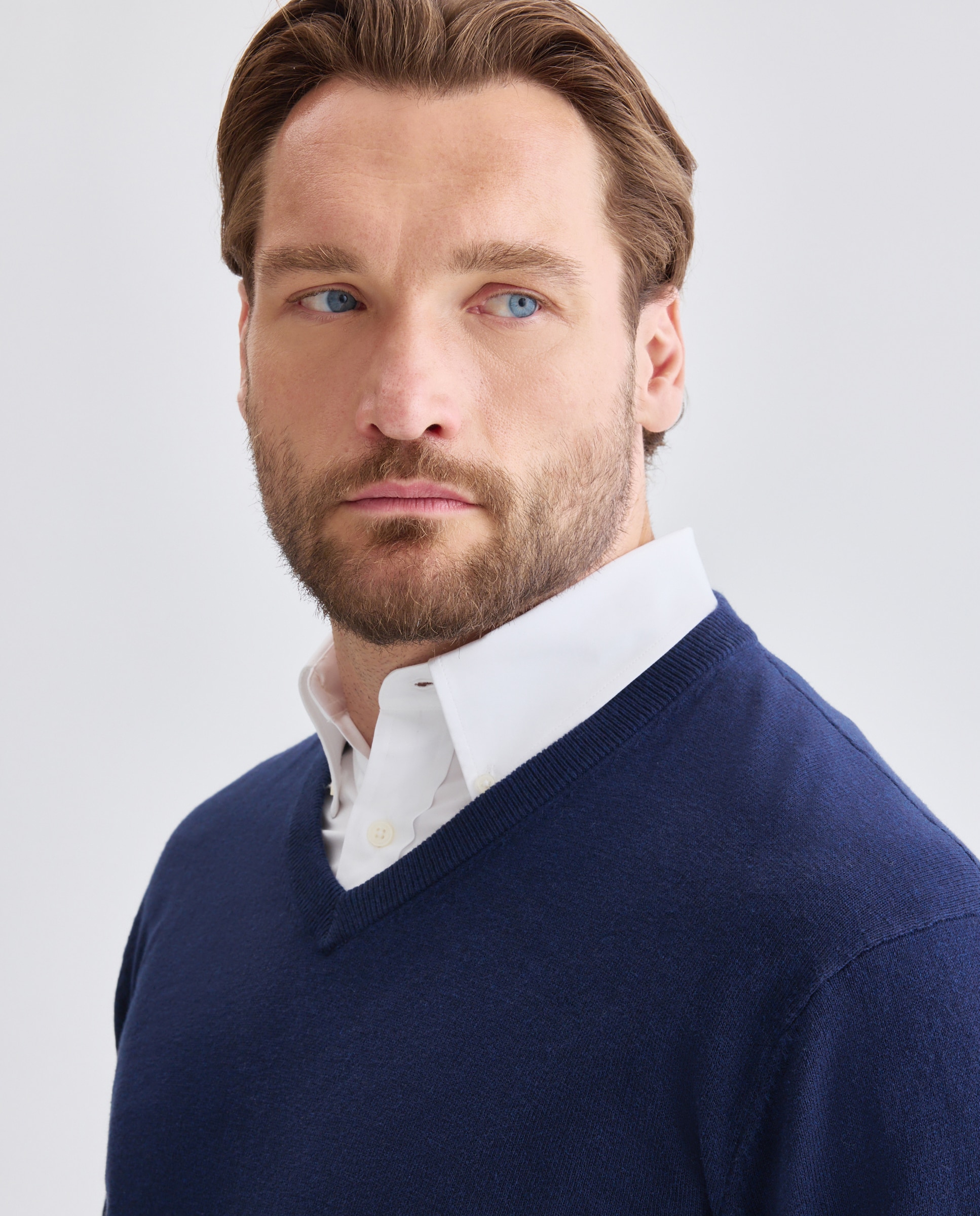 Jersey cuello pico liso algodón - Dustin - cashmere de hombre de tallas grandes - Azul marino Azul marino-4