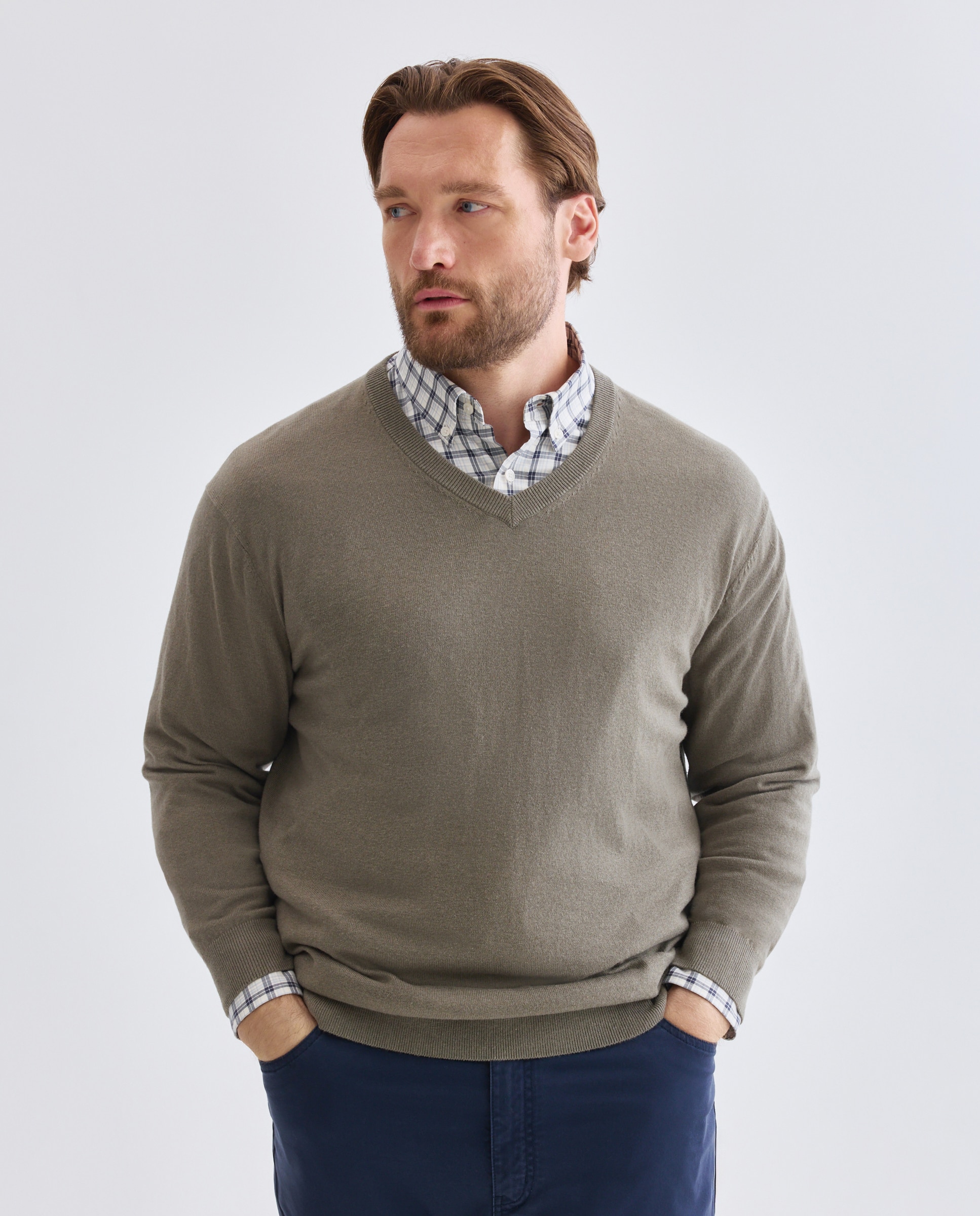 Jersey cuello pico liso algodón - Dustin - cashmere de hombre de tallas grandes - Verde Verde-1