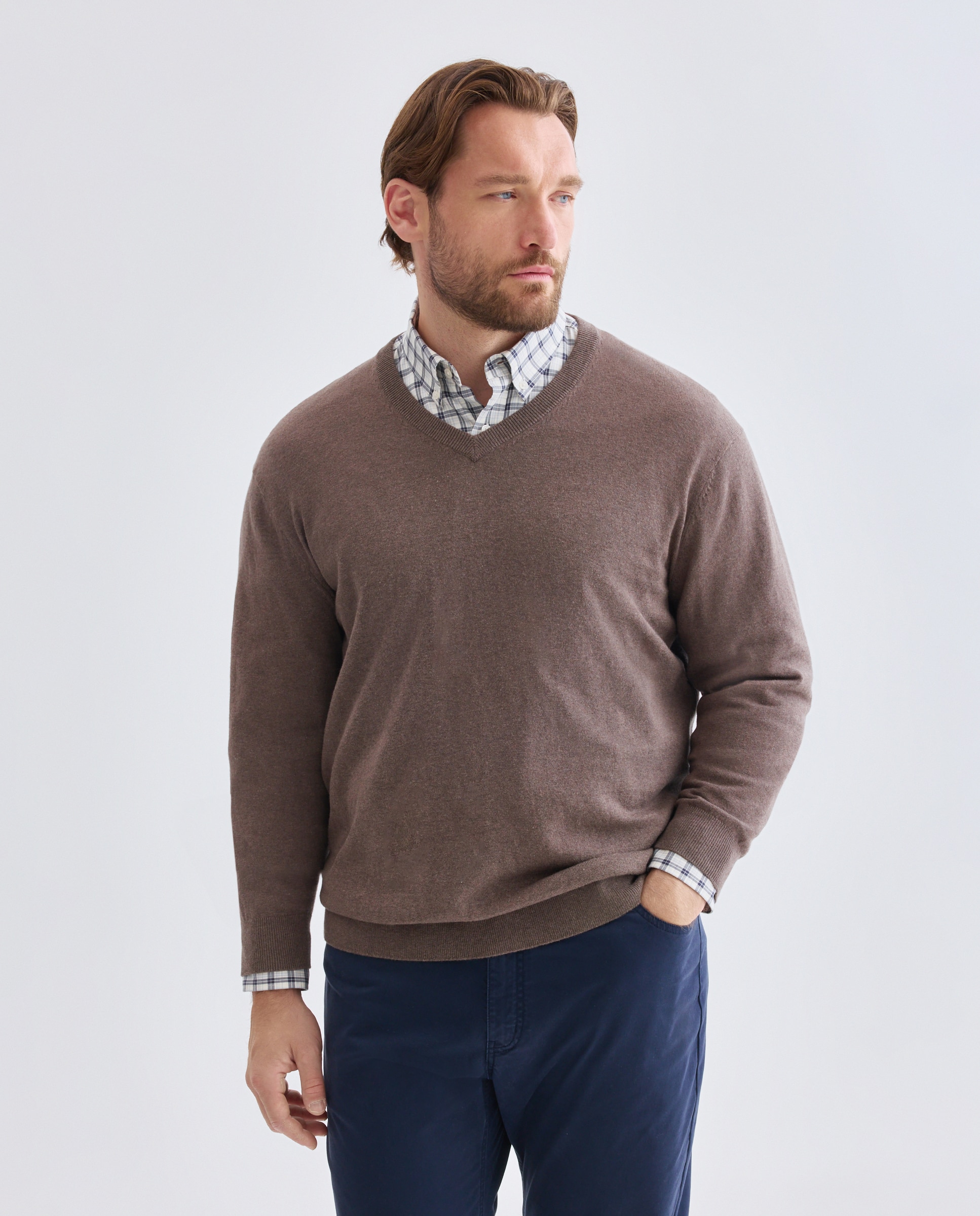 Jersey cuello pico liso algodón - Dustin - cashmere de hombre de tallas grandes - Marrón claro Marrón claro-1