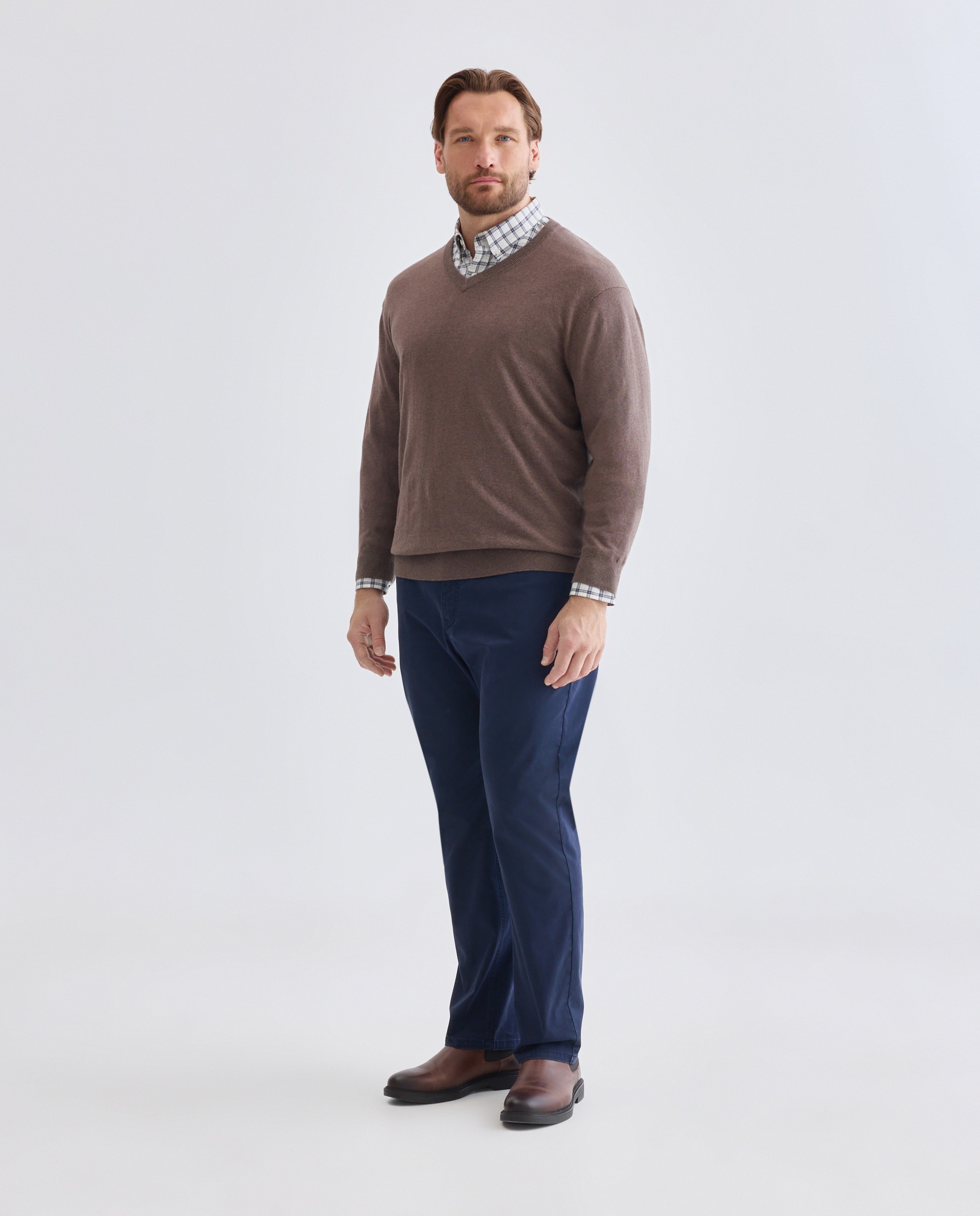 Jersey cuello pico liso algodón - Dustin - cashmere de hombre de tallas grandes - Marrón claro Marrón claro-2