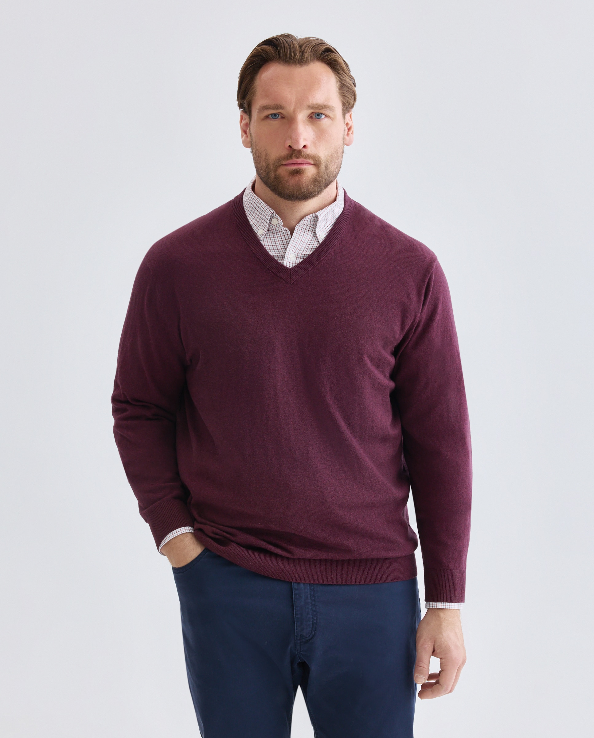 Jersey cuello pico liso algodón - Dustin - cashmere de hombre de tallas grandes - Burdeos Burdeos-1