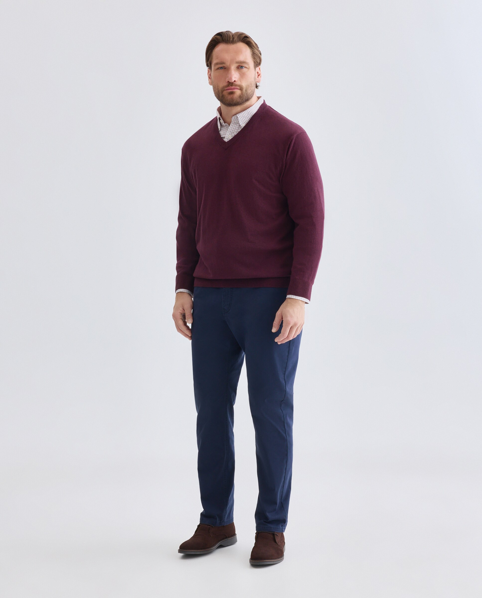 Jersey cuello pico liso algodón - Dustin - cashmere de hombre de tallas grandes - Burdeos Burdeos-2