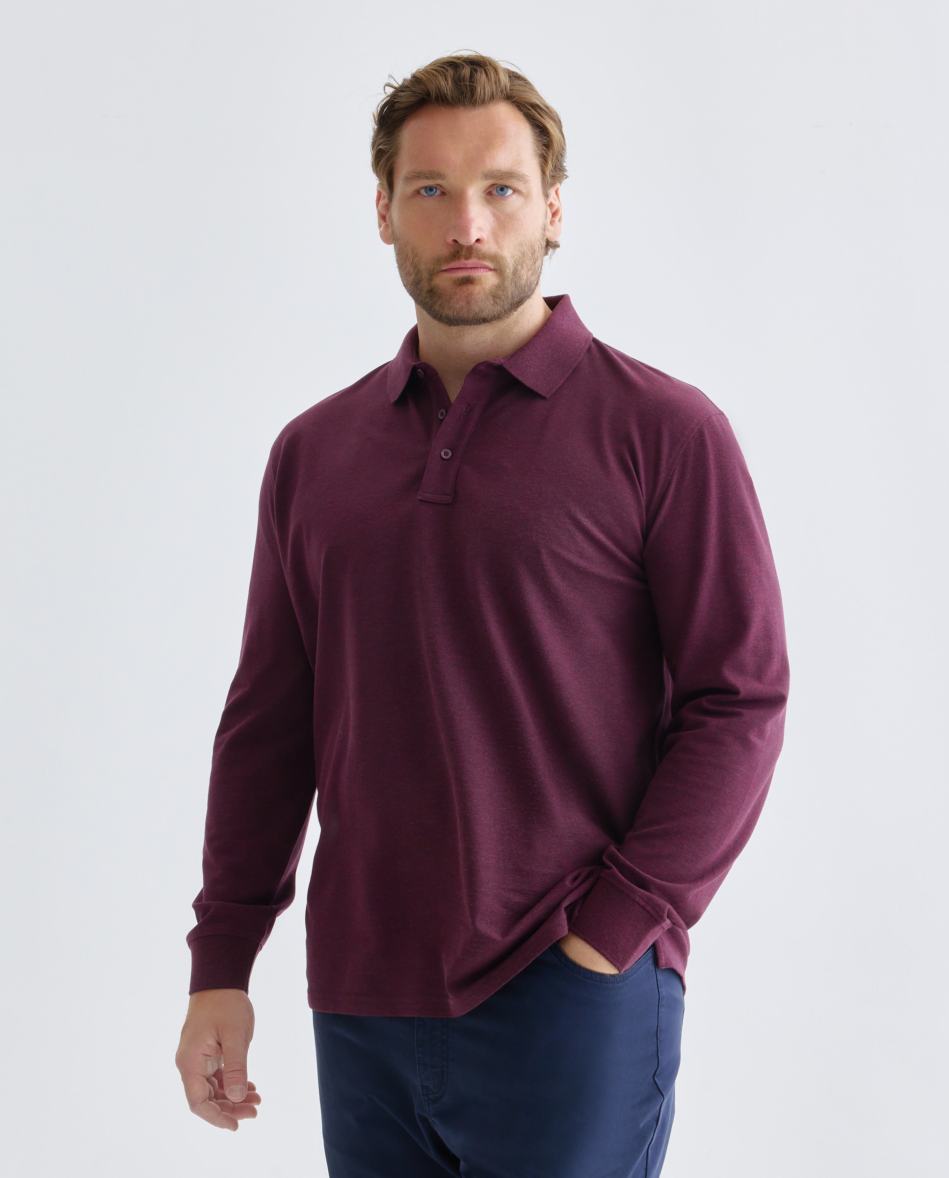 Polo basico manga larga talla grande hombre. - Dustin - Burdeos Burdeos-1
