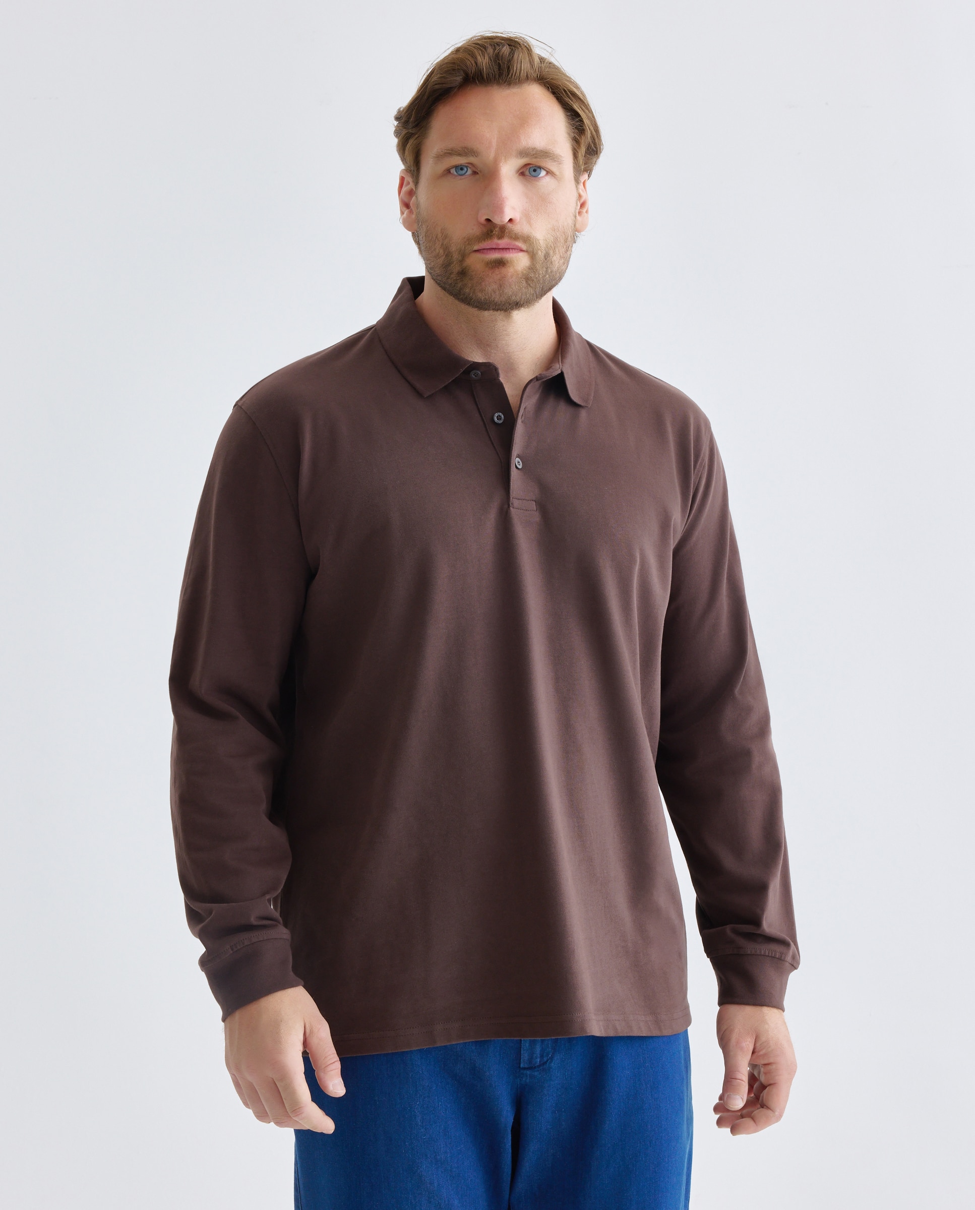 Polo manga larga liso perchado 100% algodón de hombre de tallas grandes - Dustin - Marrón Marrón-1