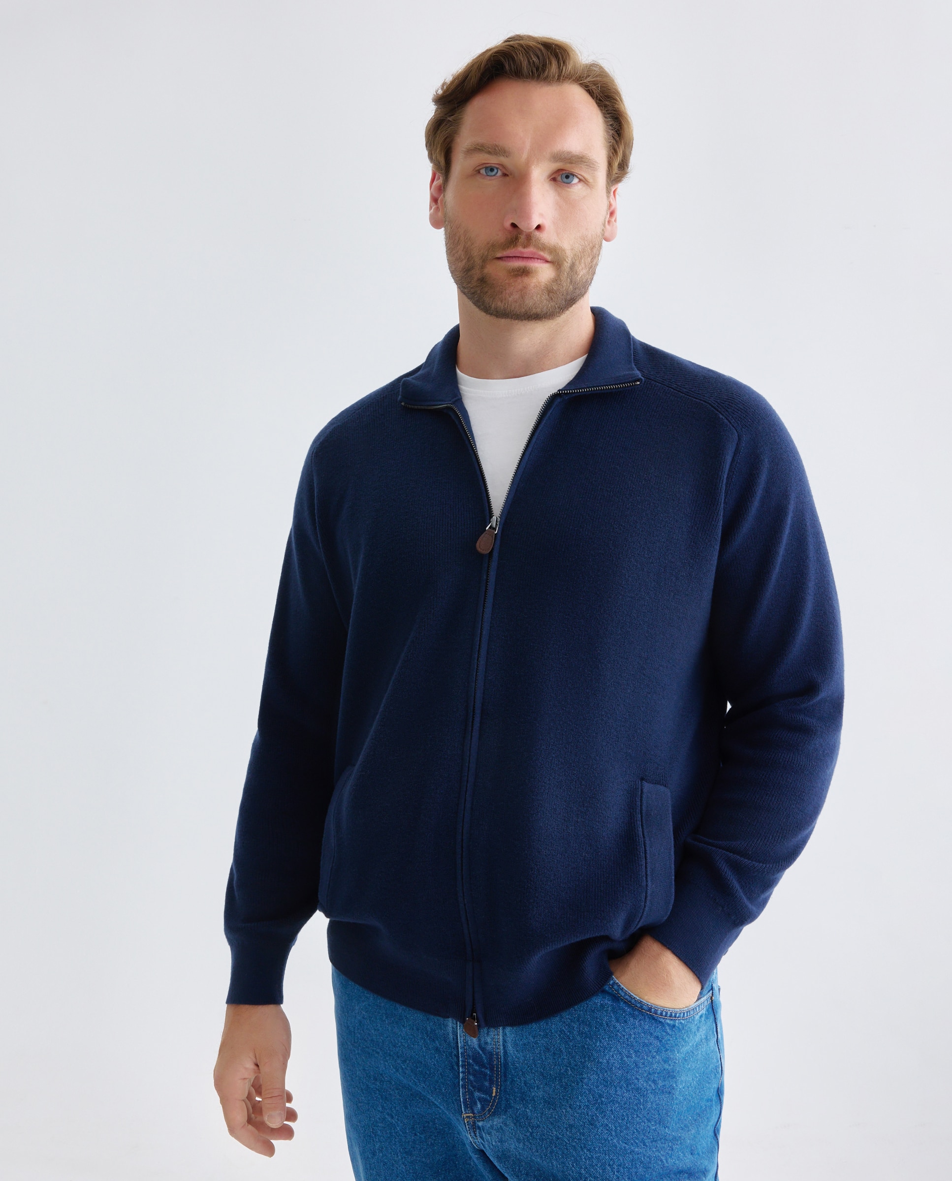 Cardigan cuello semicisne cremallera algodón/lana merino hombre - Emidio Tucci - Azul marino Azul marino-1