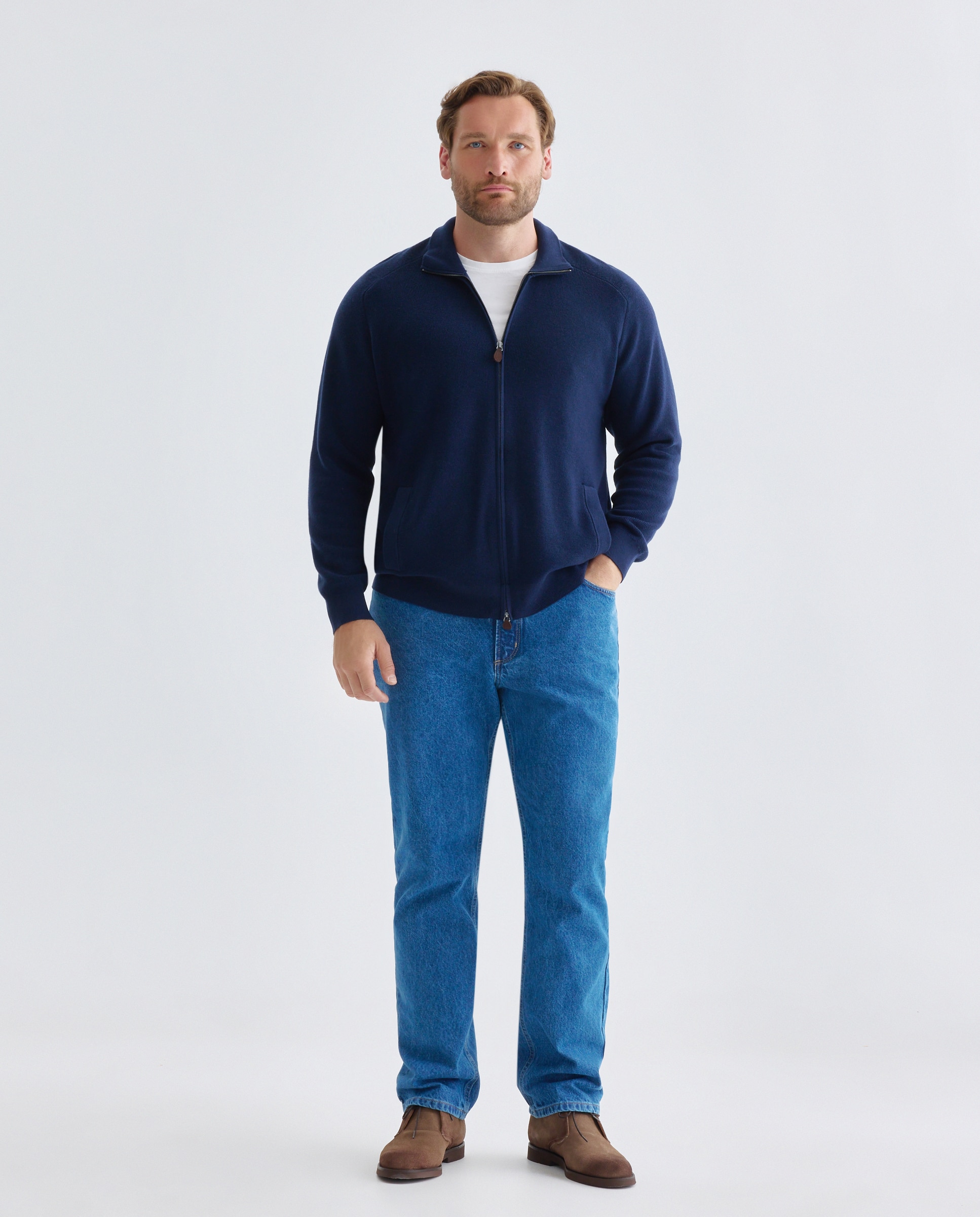 Cardigan cuello semicisne cremallera algodón/lana merino hombre - Emidio Tucci - Azul marino Azul marino-2