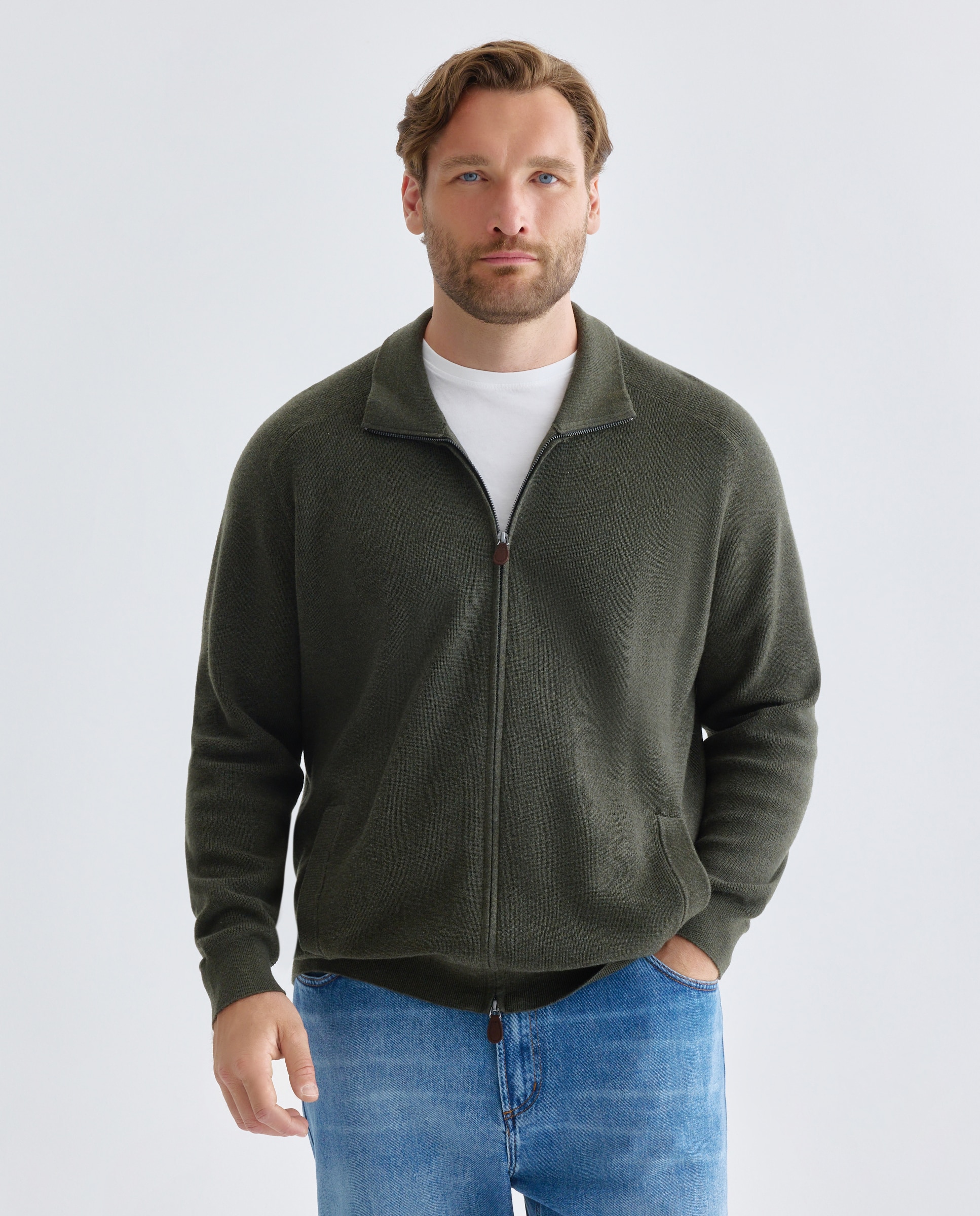 Cardigan cuello semicisne cremallera algodón/lana merino hombre - Emidio Tucci - Kaki Kaki-1