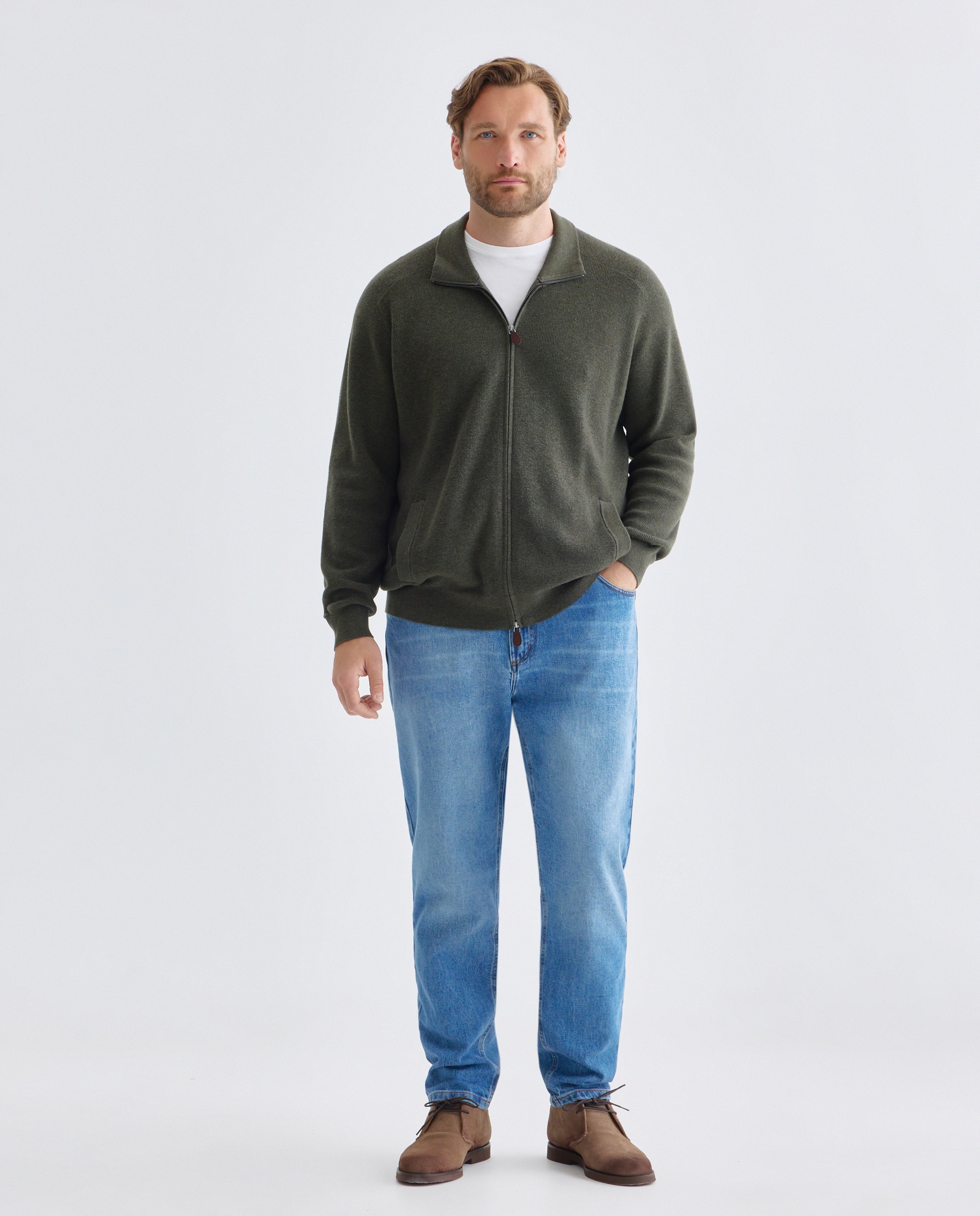 Cardigan cuello semicisne cremallera algodón/lana merino hombre - Emidio Tucci - Kaki Kaki-2