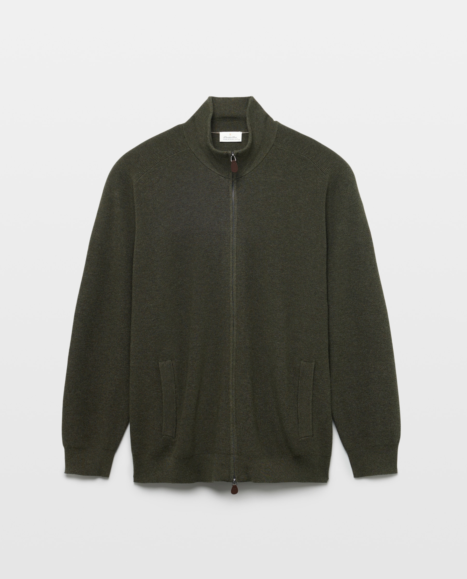 Cardigan cuello semicisne cremallera algodón/lana merino hombre - Emidio Tucci - Kaki Kaki-4