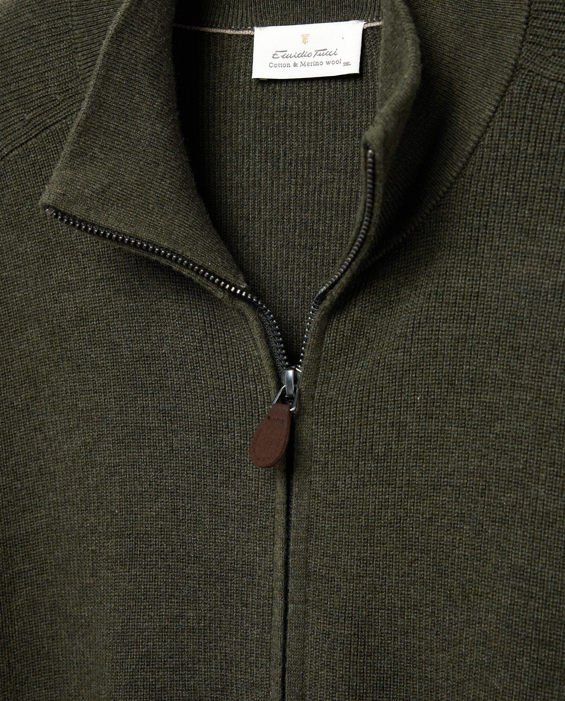 Cardigan cuello semicisne cremallera algodón/lana merino hombre - Emidio Tucci - Kaki Kaki-5