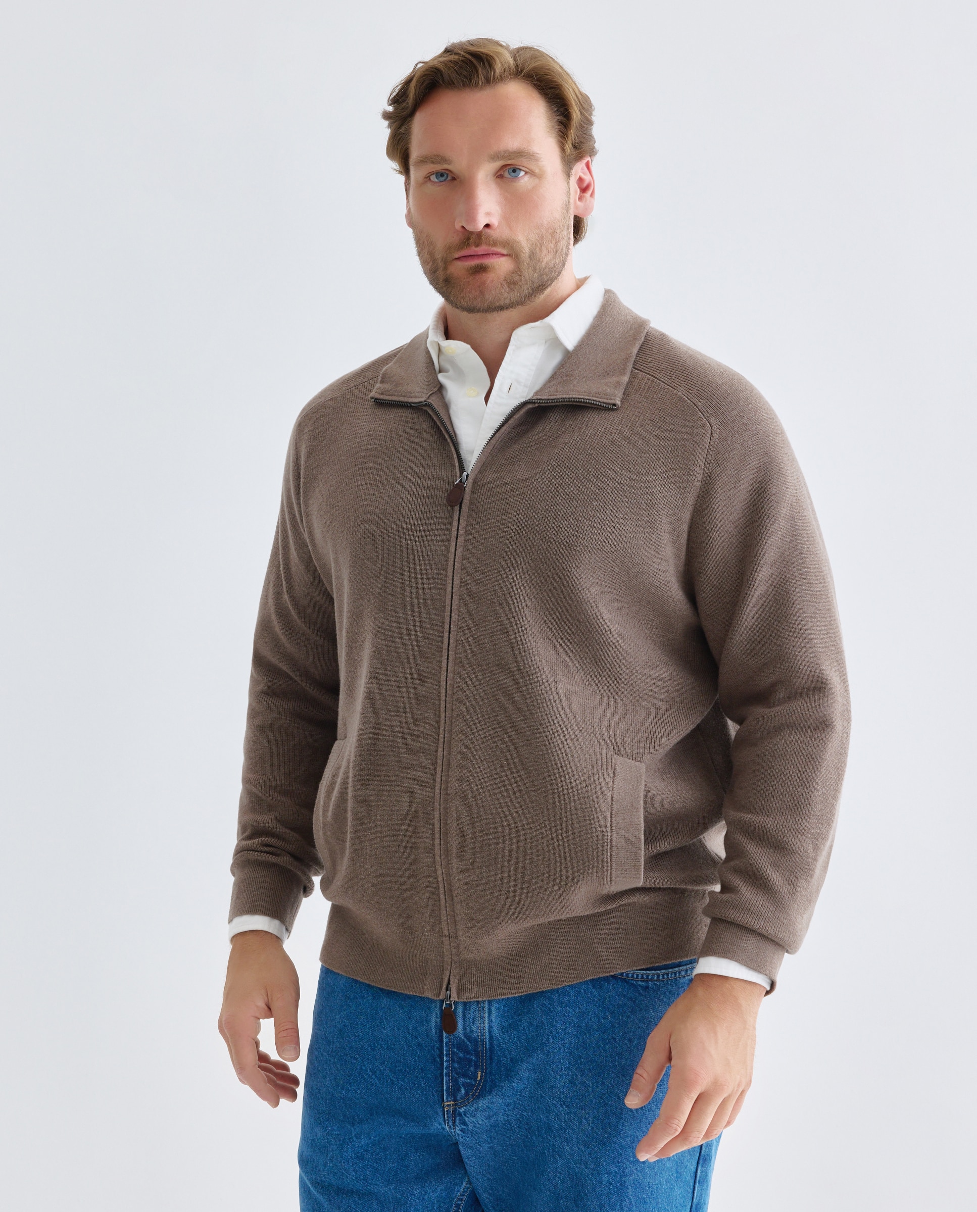 Cardigan cuello semicisne cremallera algodón/lana merino hombre - Emidio Tucci - Beige Beige-1