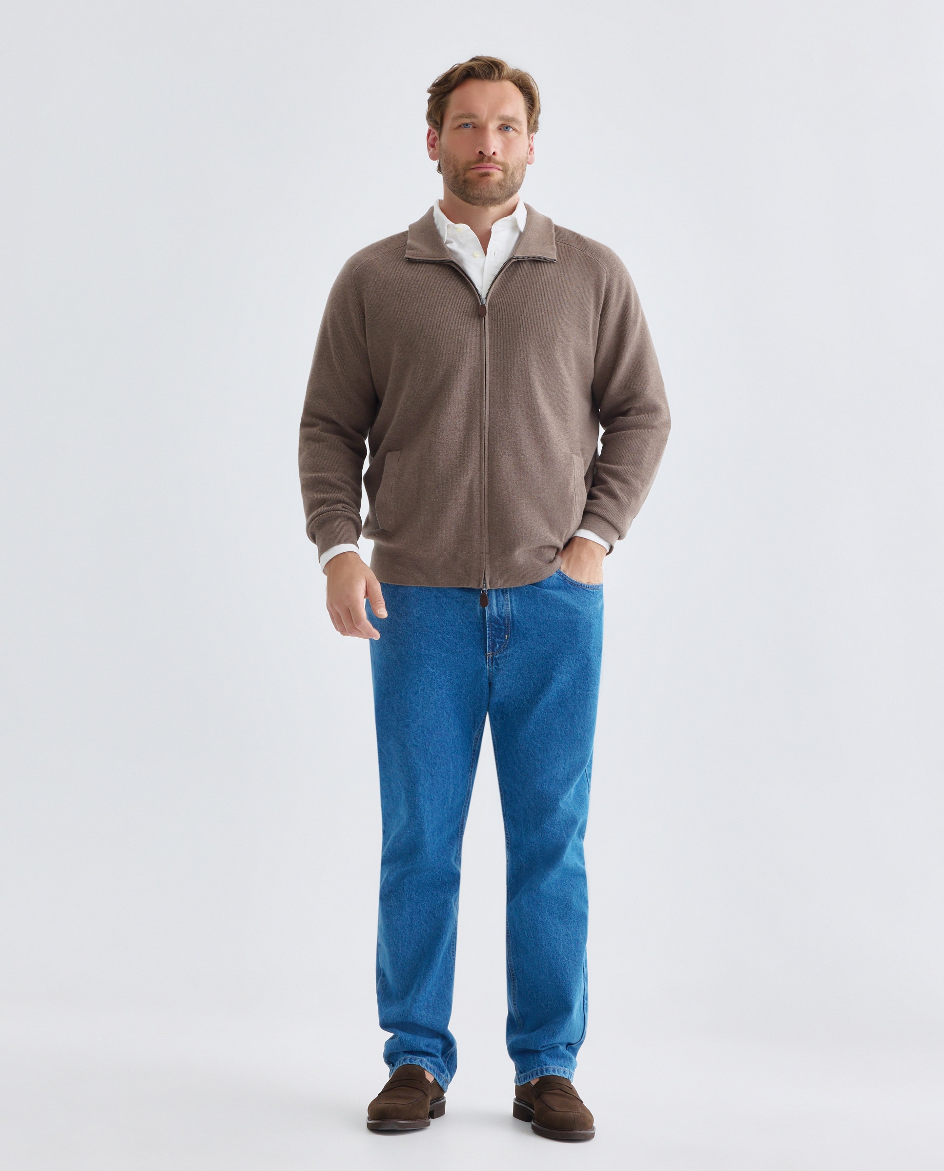 Cardigan cuello semicisne cremallera algodón/lana merino hombre - Emidio Tucci - Beige Beige-2