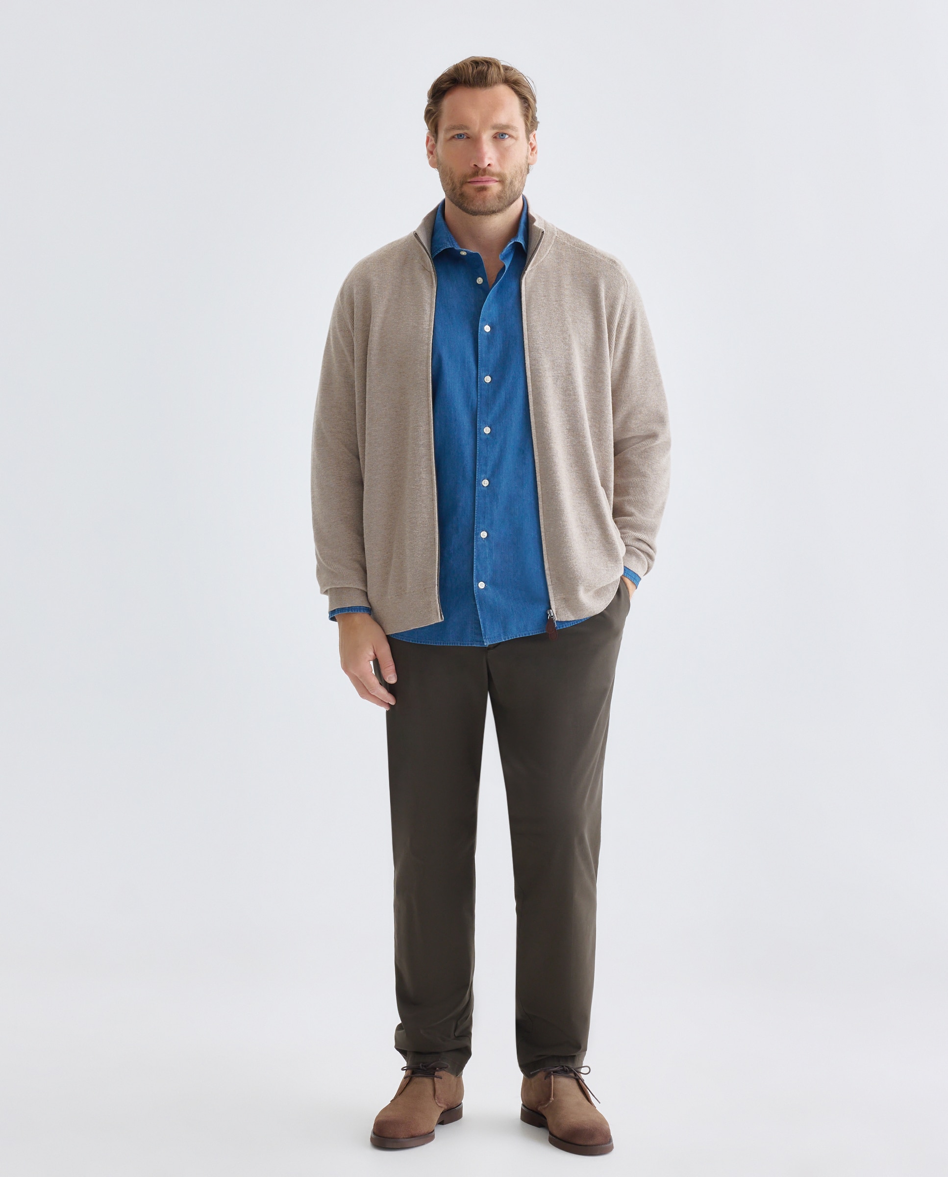 Cardigan Liso de Algodão Merino com Gola Semi Cisne com Fecho de Correr Tamanhos Grandes Castanho-claro-2