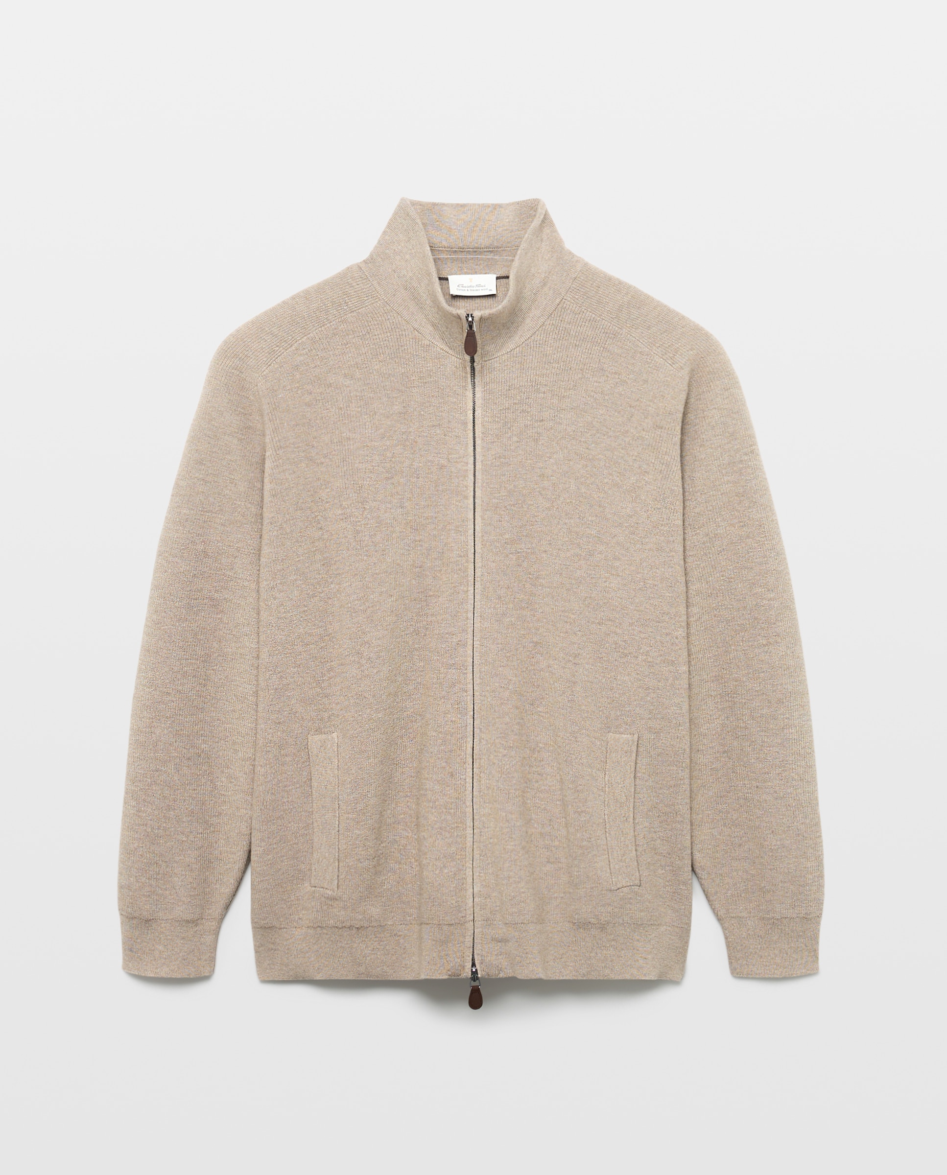 Cardigan Liso de Algodão Merino com Gola Semi Cisne com Fecho de Correr Tamanhos Grandes Castanho-claro-4