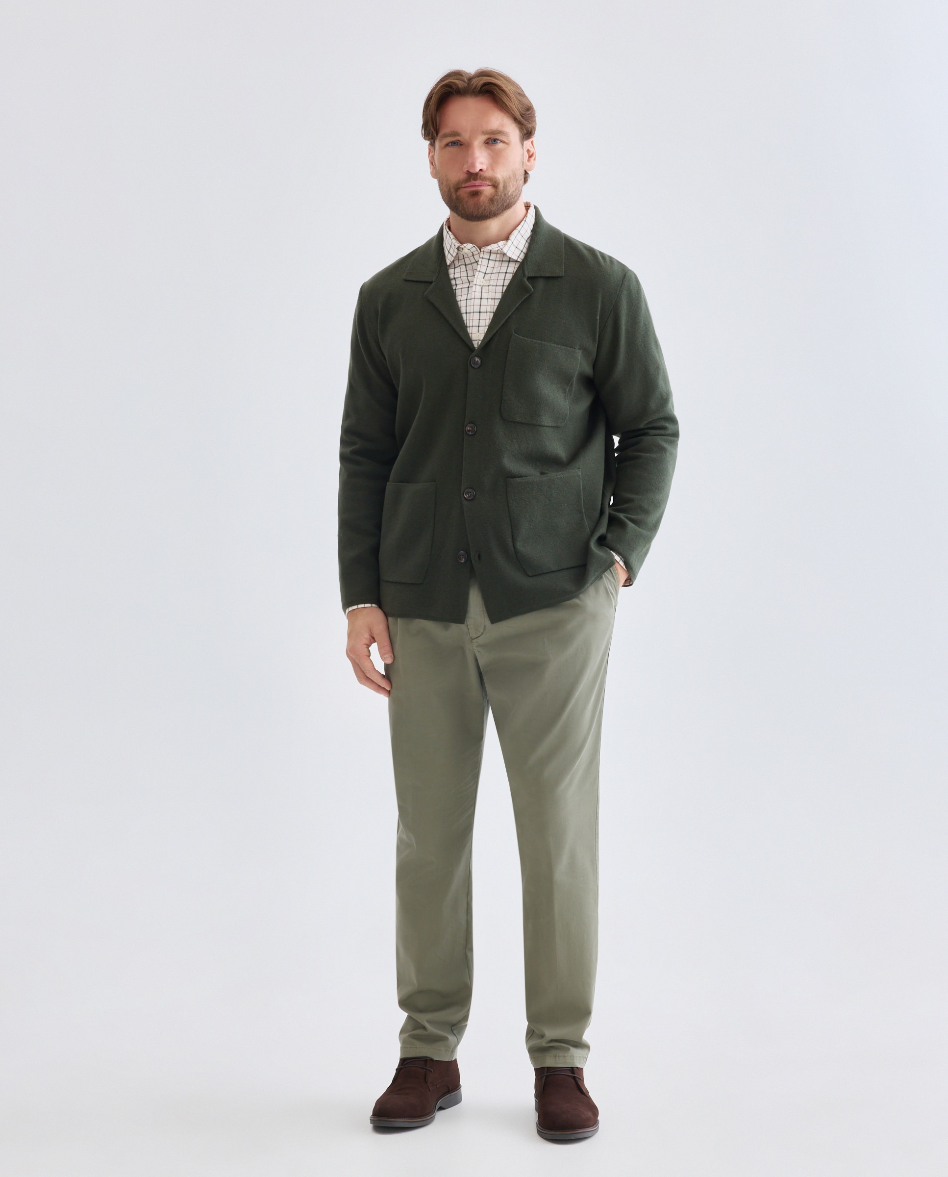 Cardigan de Malha com Botões e Gola de Lapela Tamanhos Grandes Caqui-2