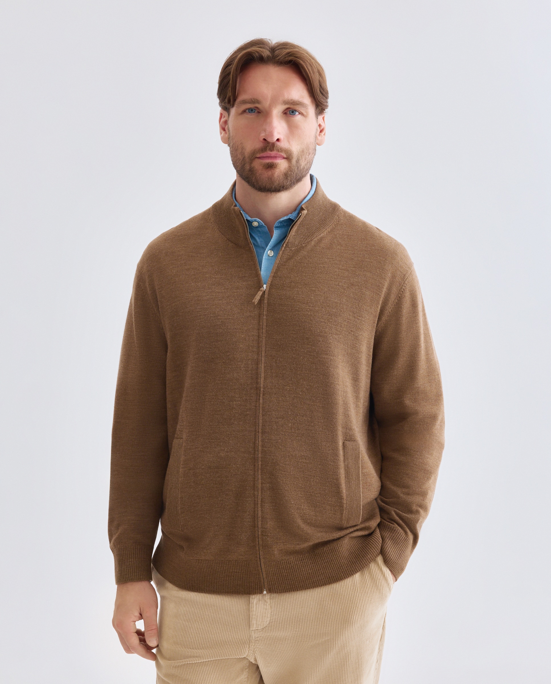 Cardigan cuello semicisne cremallera lavable 100% lana merino hombre - Emidio Tucci - Marrón claro Marrón claro-1