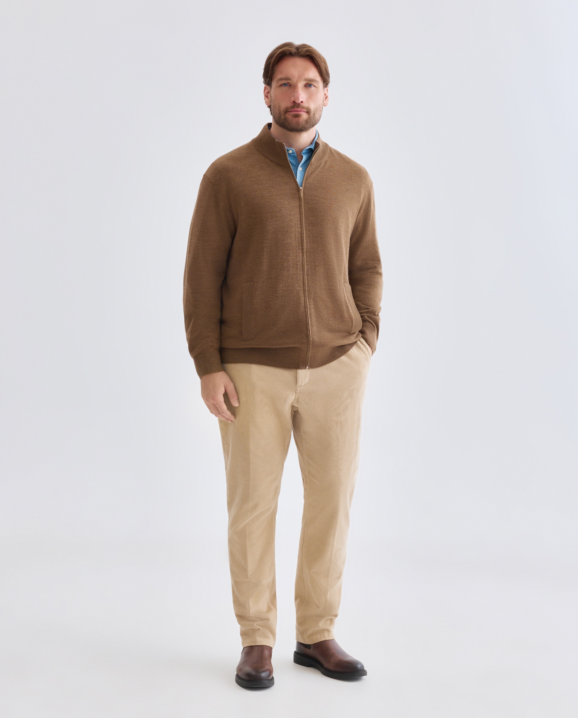 Cardigan cuello semicisne cremallera lavable 100% lana merino hombre - Emidio Tucci - Marrón claro Marrón claro-3