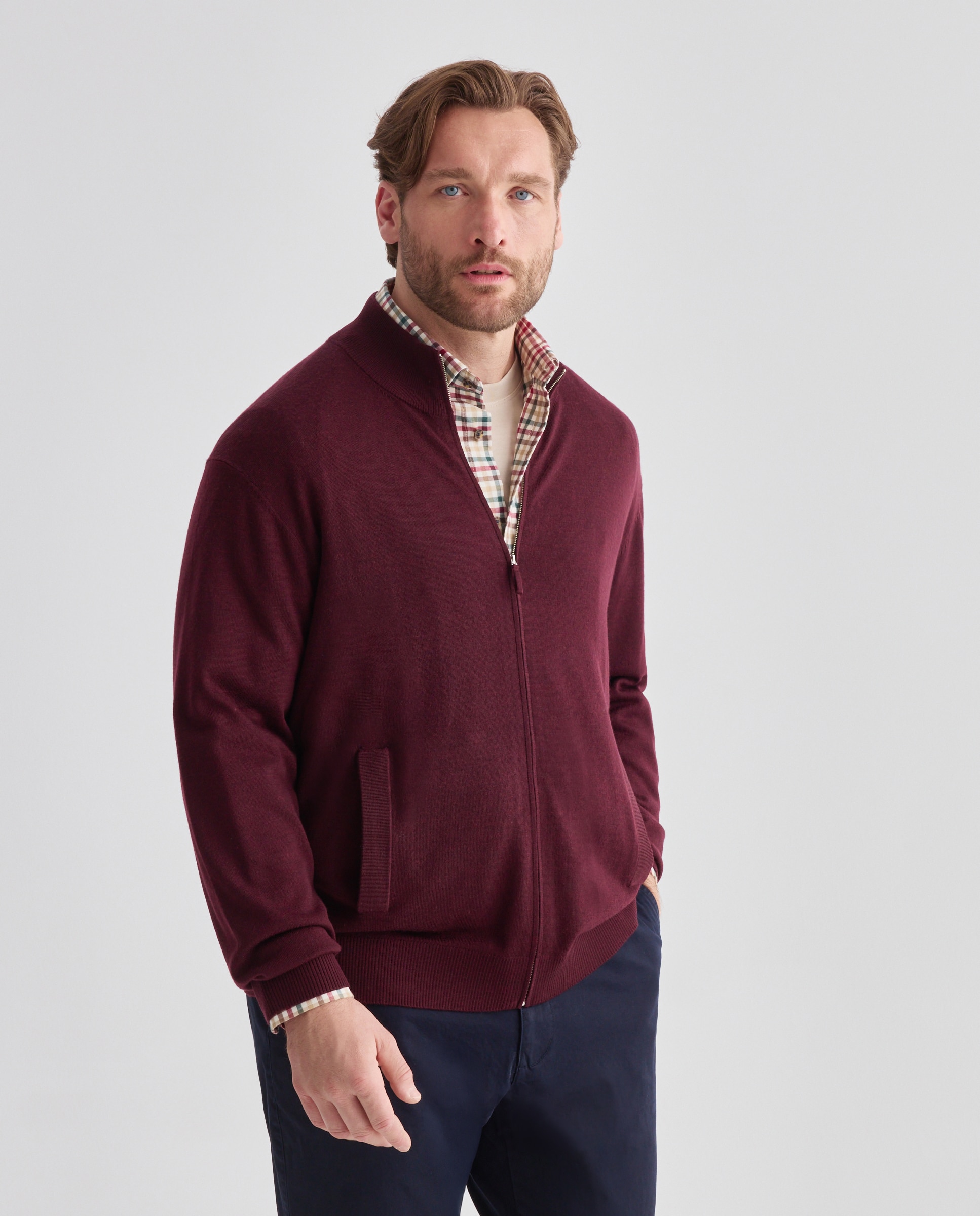 Cardigan cuello semicisne cremallera lavable 100% lana merino hombre - Emidio Tucci - Granate Granate-1