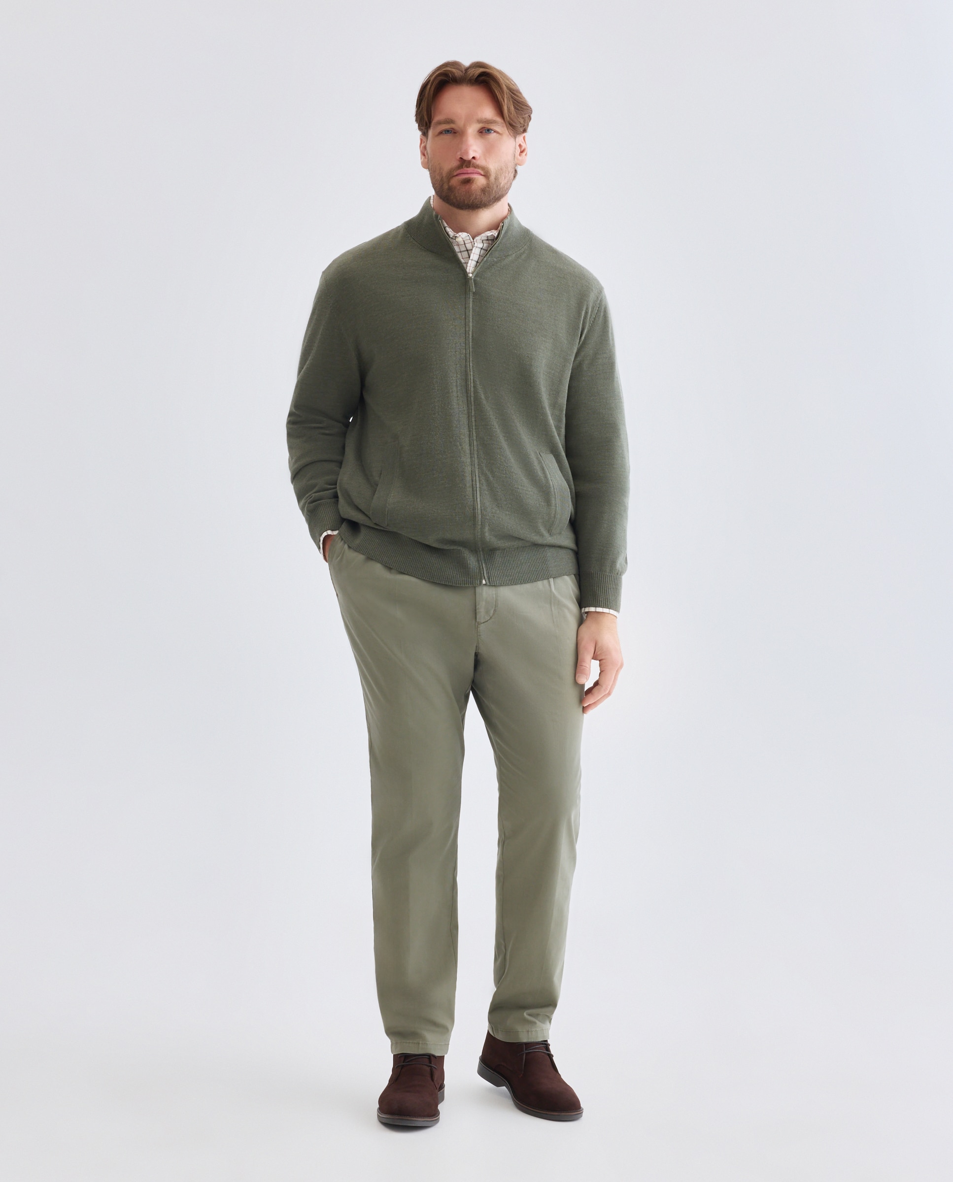 Cardigan cuello semicisne cremallera lavable 100% lana merino hombre - Emidio Tucci - Kaki Kaki-3