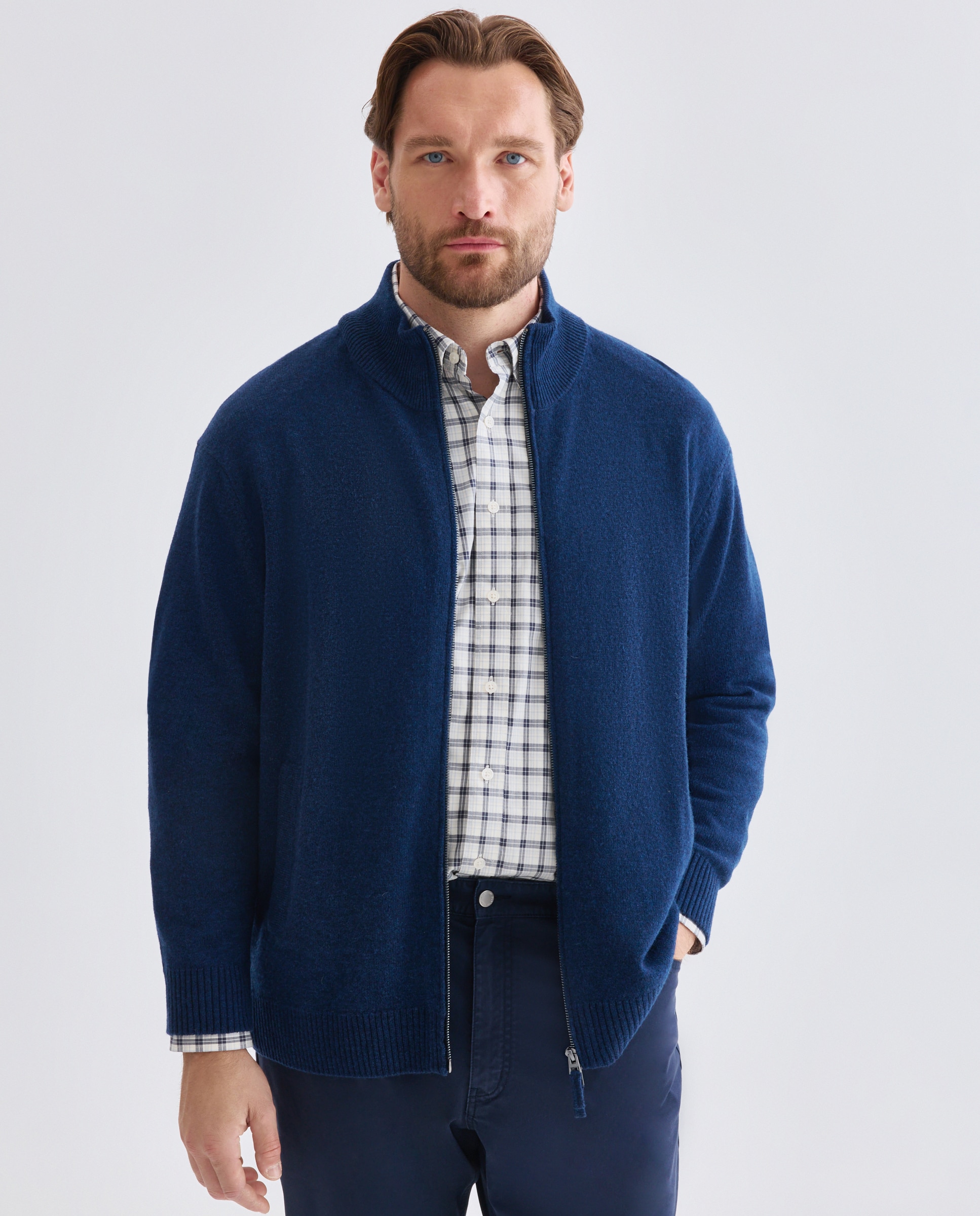 Cardigan cremallera liso 100% lambswool de hombre de tallas grandes - Dustin - Azul marino Azul marino-1