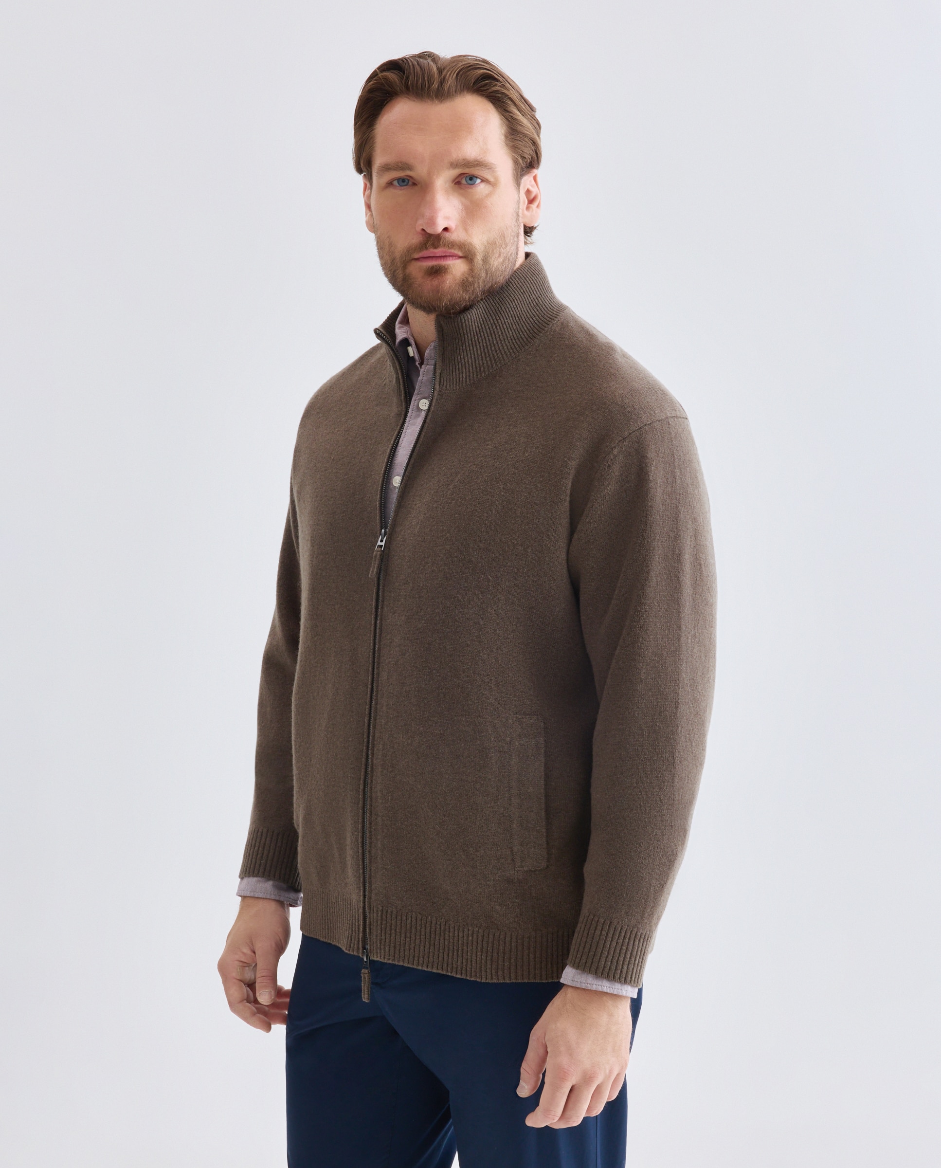 Cardigan cremallera liso 100% lambswool de hombre de tallas grandes - Dustin - Verde oscuro Verde oscuro-1