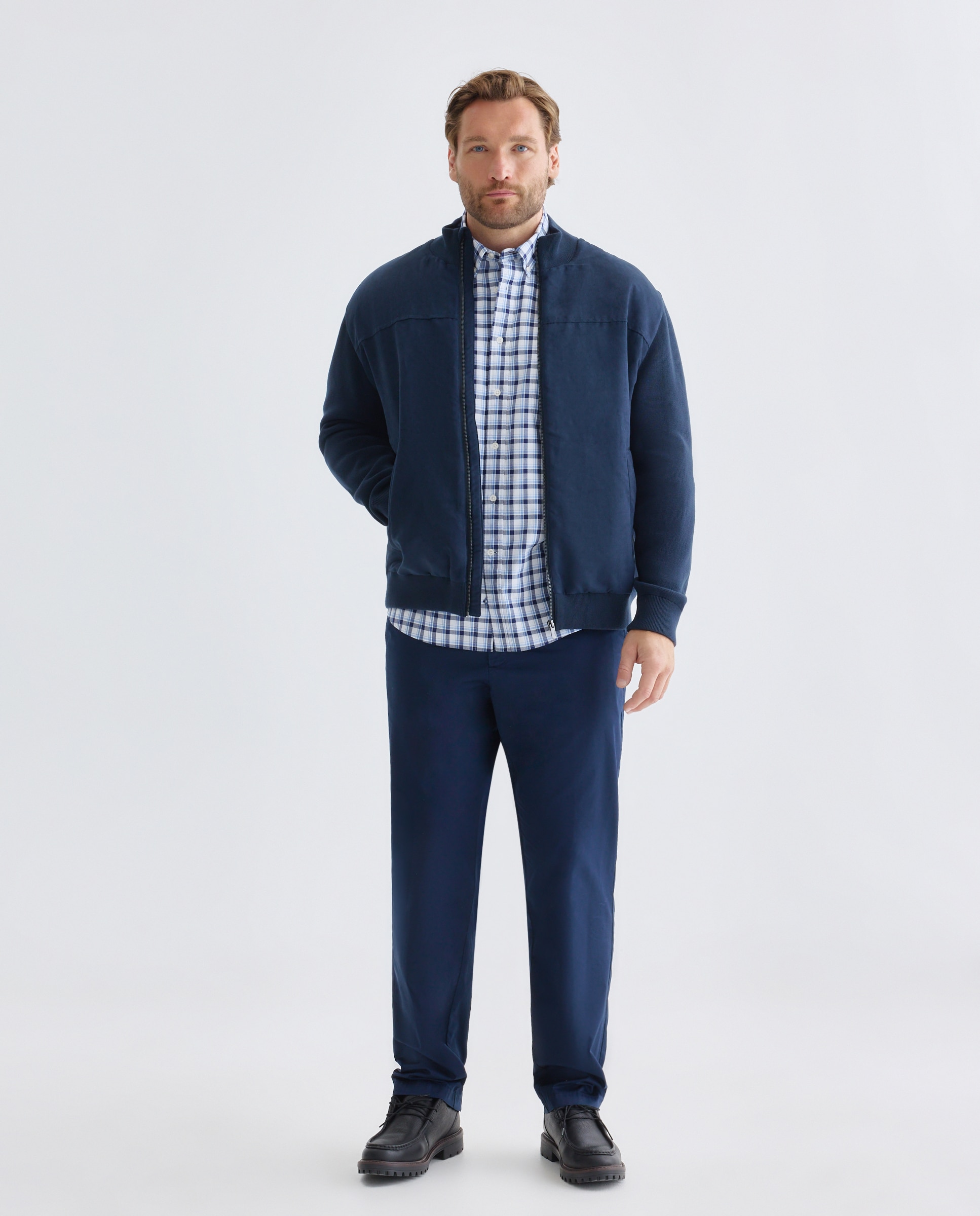 Cardigan cremallera combinada antelina lisa 100% algodón de hombre de tallas grandes - Dustin - Azul marino Azul marino-1