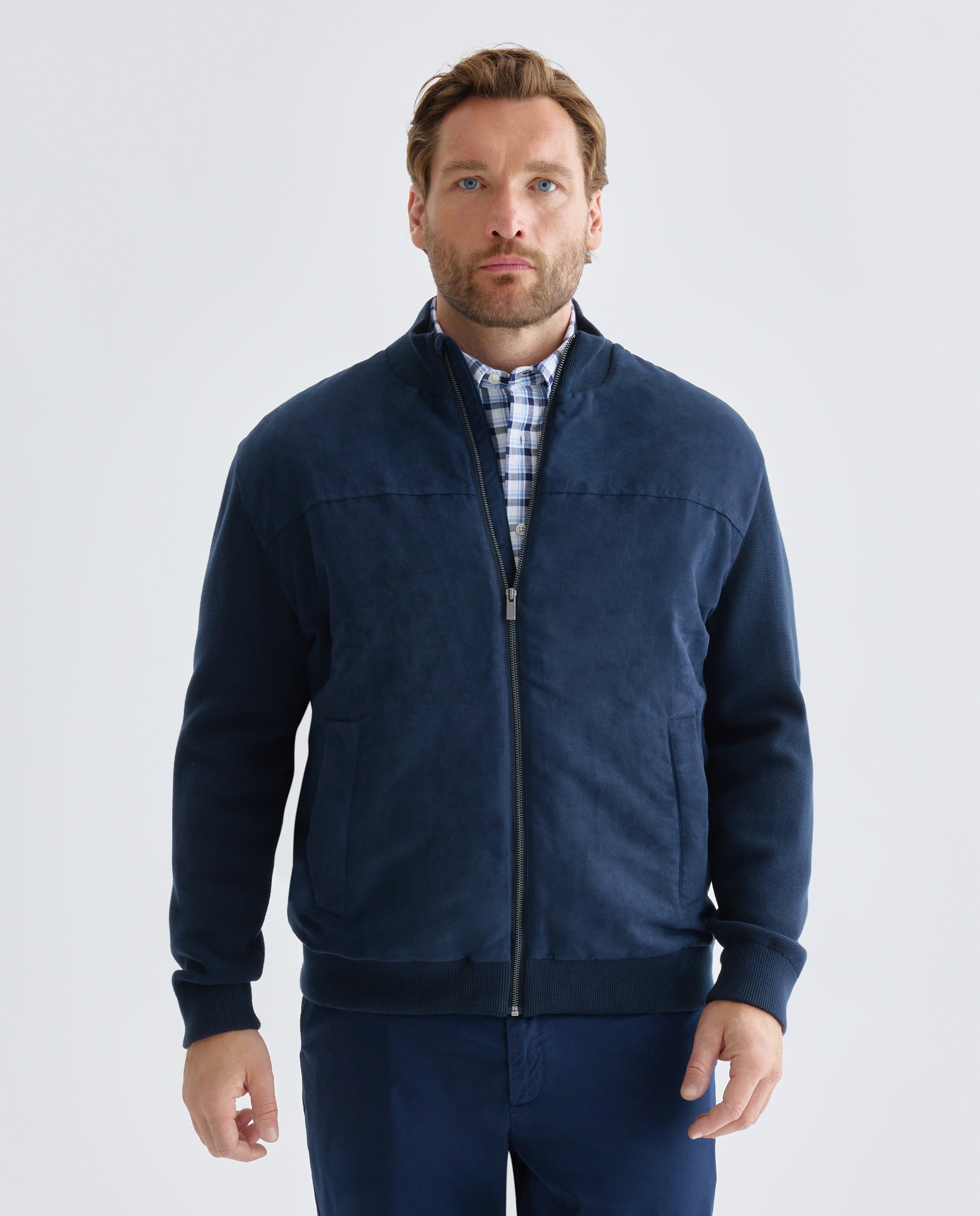 Cardigan cremallera combinada antelina lisa 100% algodón de hombre de tallas grandes - Dustin - Azul marino Azul marino-2