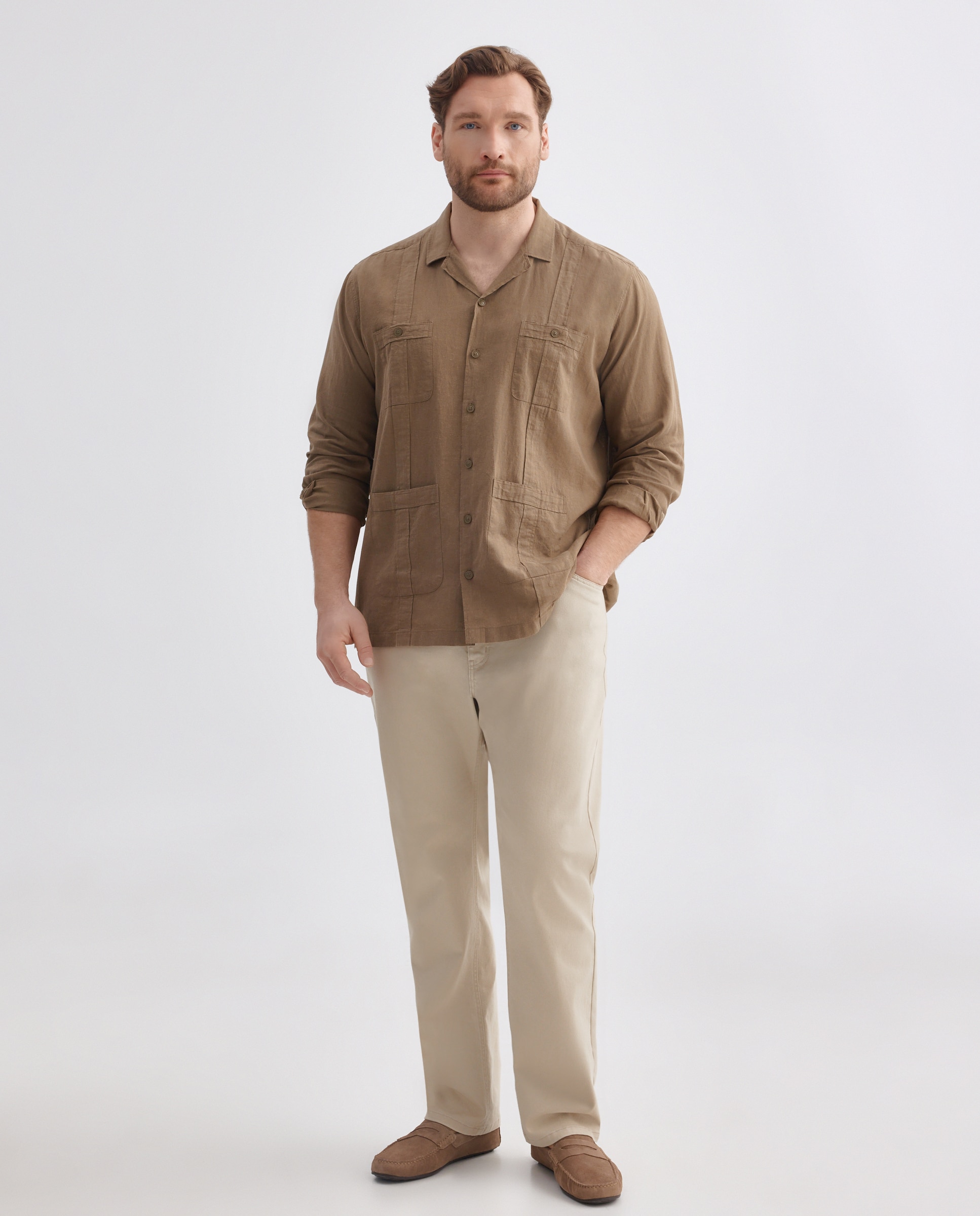 Camisa Guayabera Tamanhos Grandes Lisa 520 Caqui-2