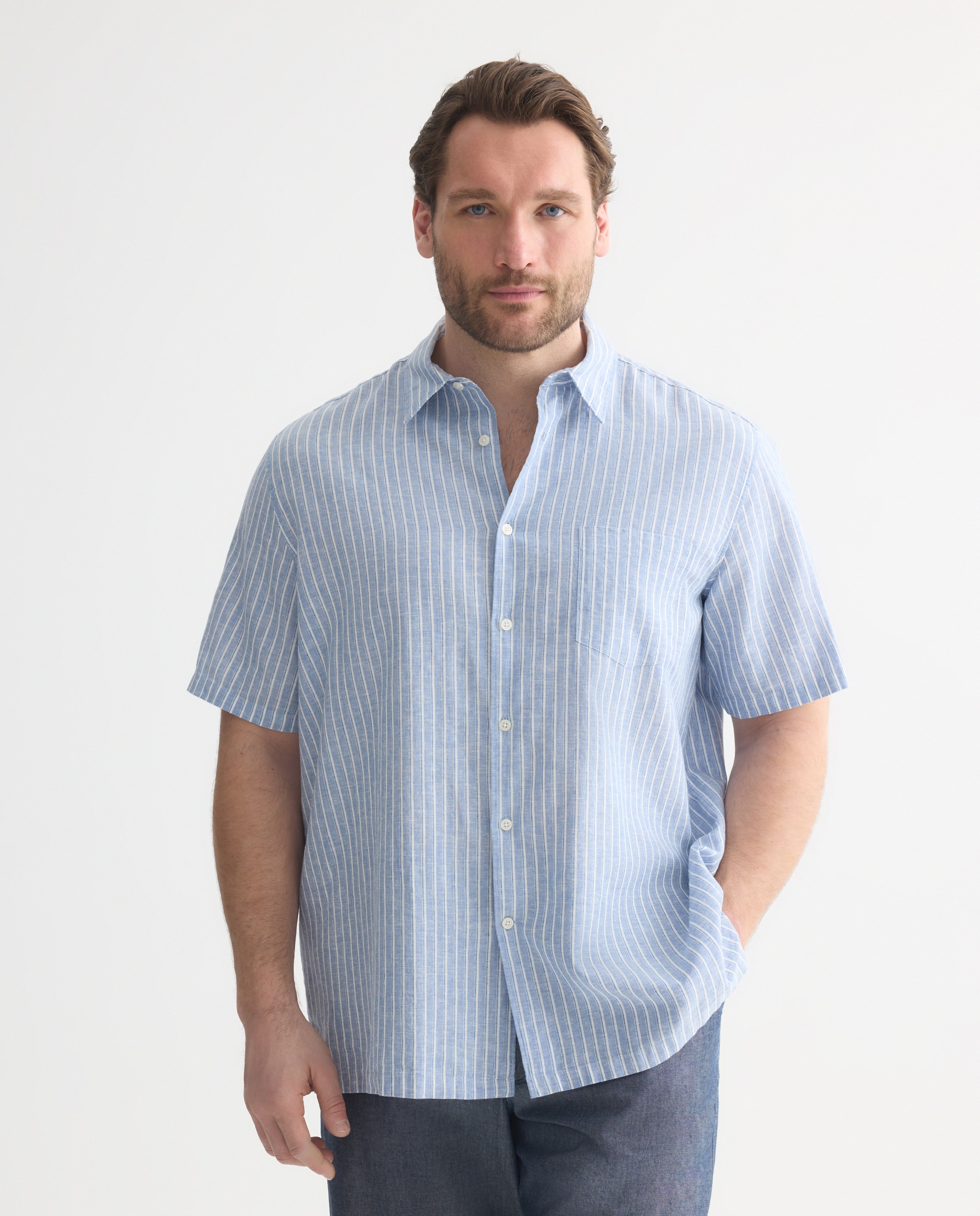 Camisa de manga corta lino algodón multirayas regular fit Azul