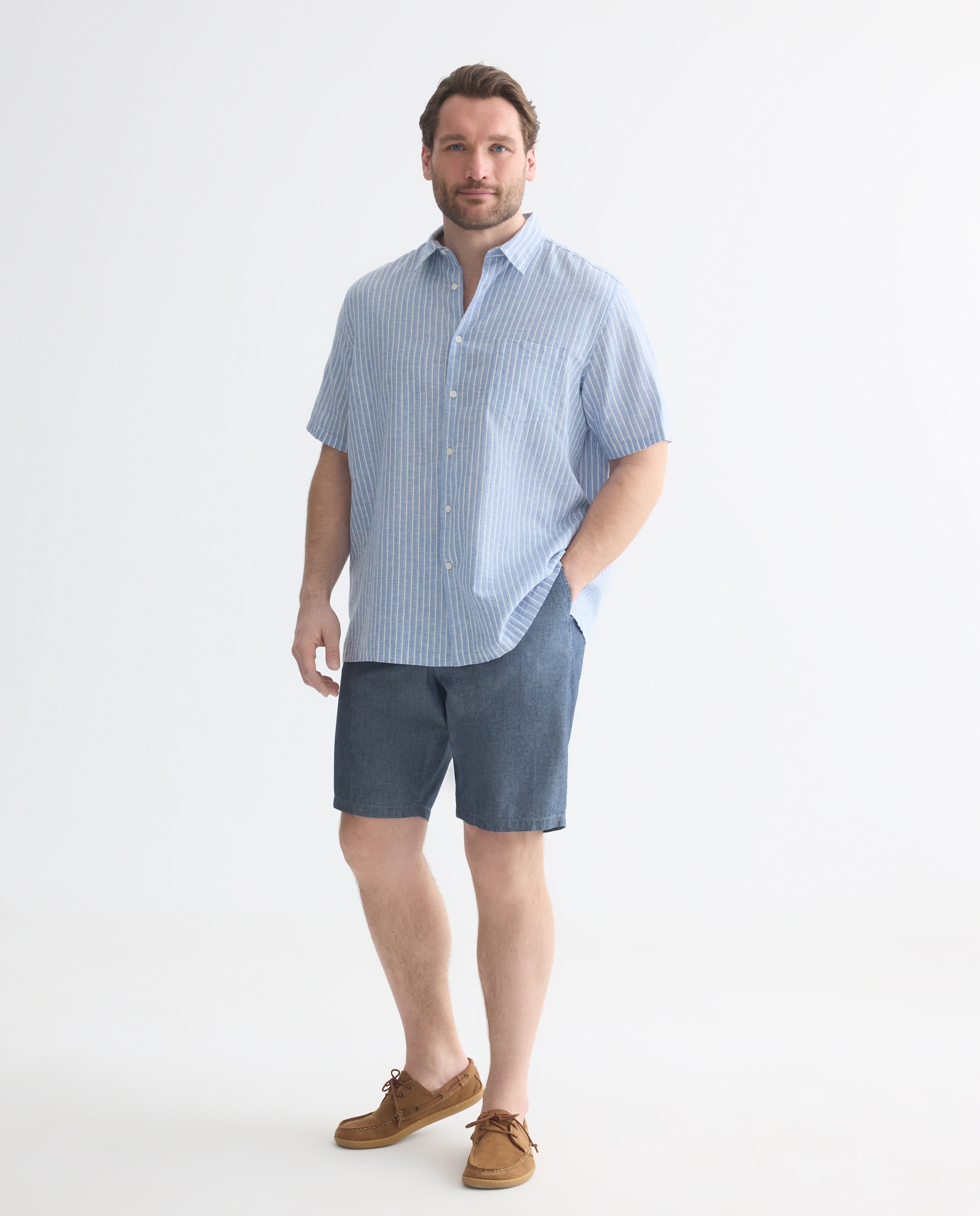 Camisa de Manga Curta Regular Fit em Linho e Algodão Multirriscas Azul-2