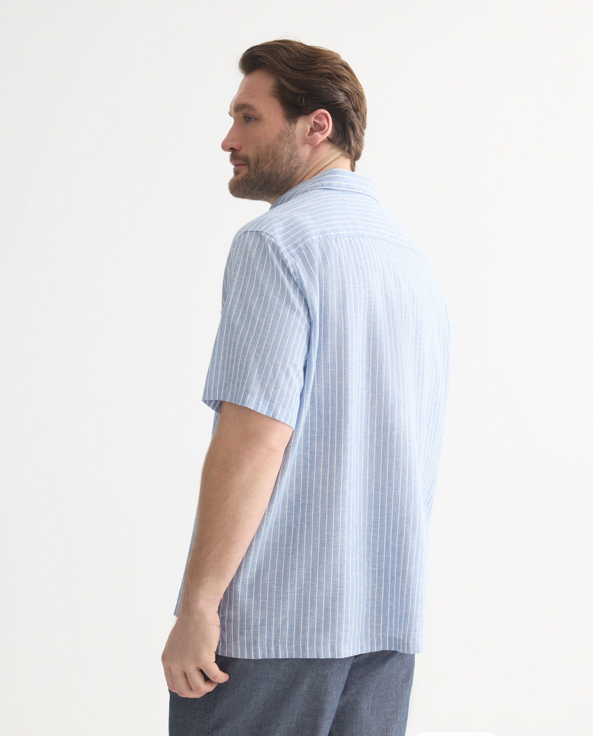 Camisa de Manga Curta Regular Fit em Linho e Algodão Multirriscas Azul-3