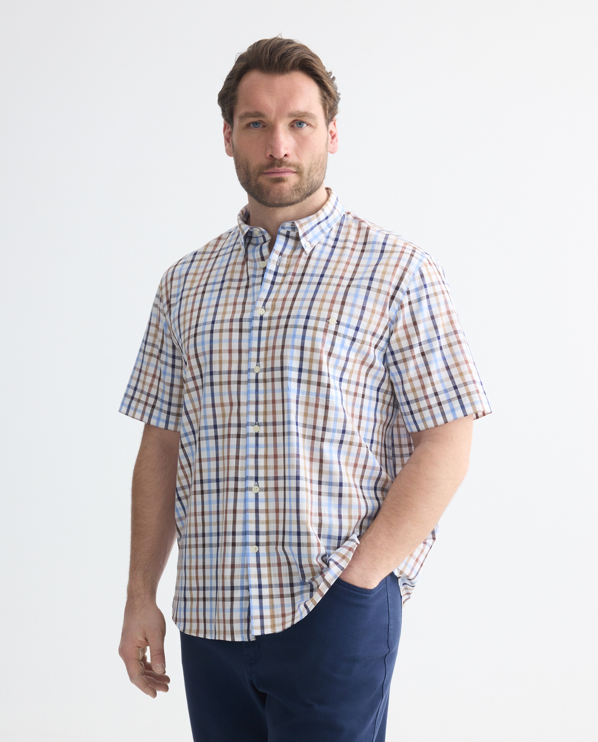 Camisa de Manga Curta aos Quadrados Tamanhos Grandes Azul-claro-1