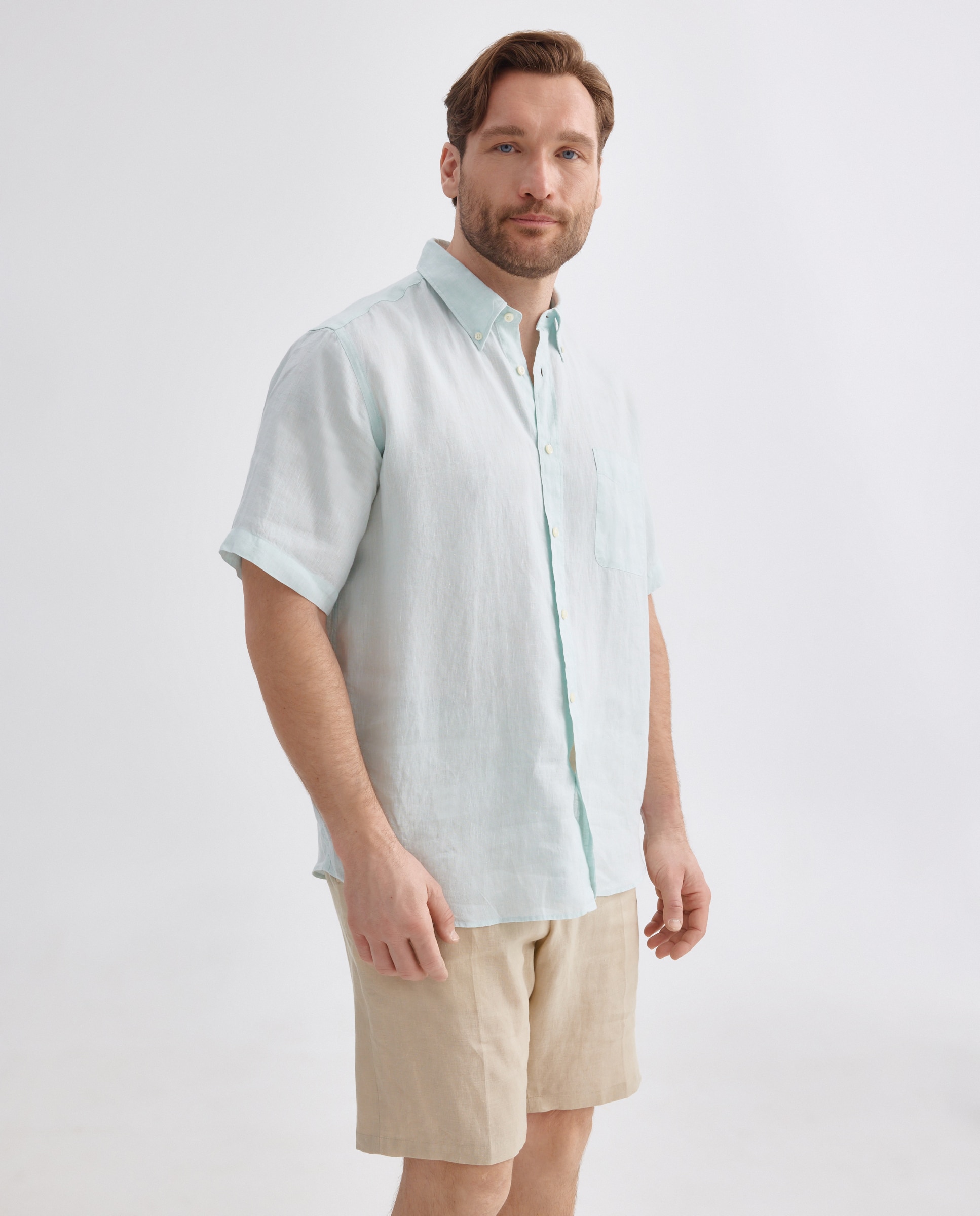Camisa de Linho com Manga Curta Tamanhos Grandes 510 Verde Claro-1