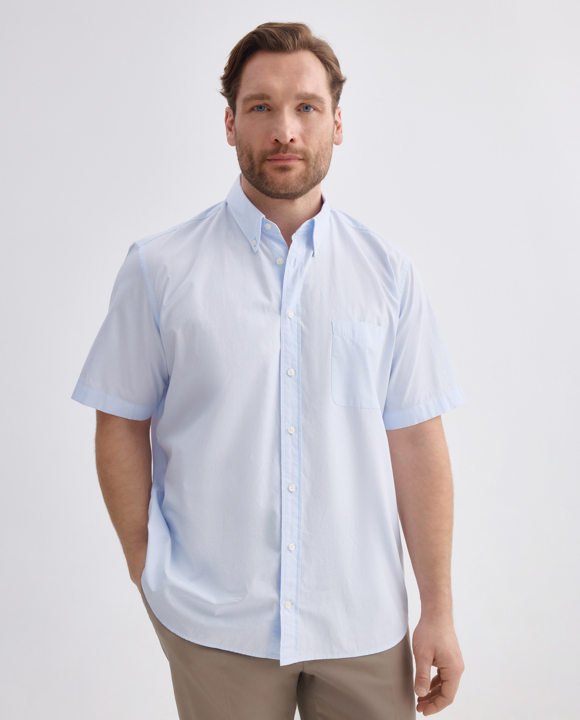Camisa Casual de Popelina com Manga Curta Tamanhos Grandes Azul-claro-1